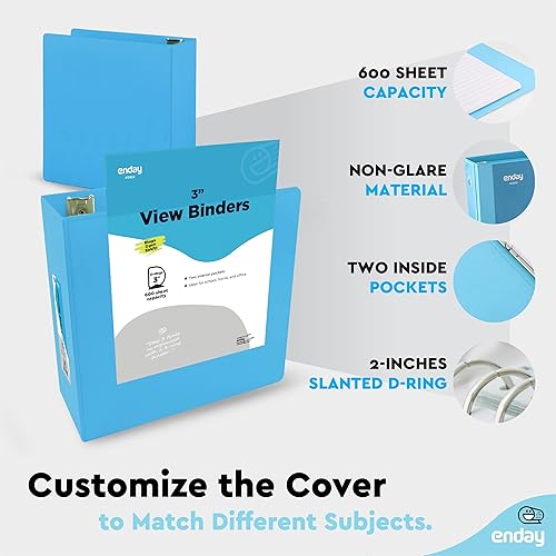 Miniatura 4 de Carpeta de 3 anillos de 3 pulgadas, cubierta transparente con 2 bolsillos interiores, color azul y 50 protectores de hojas transparentes para