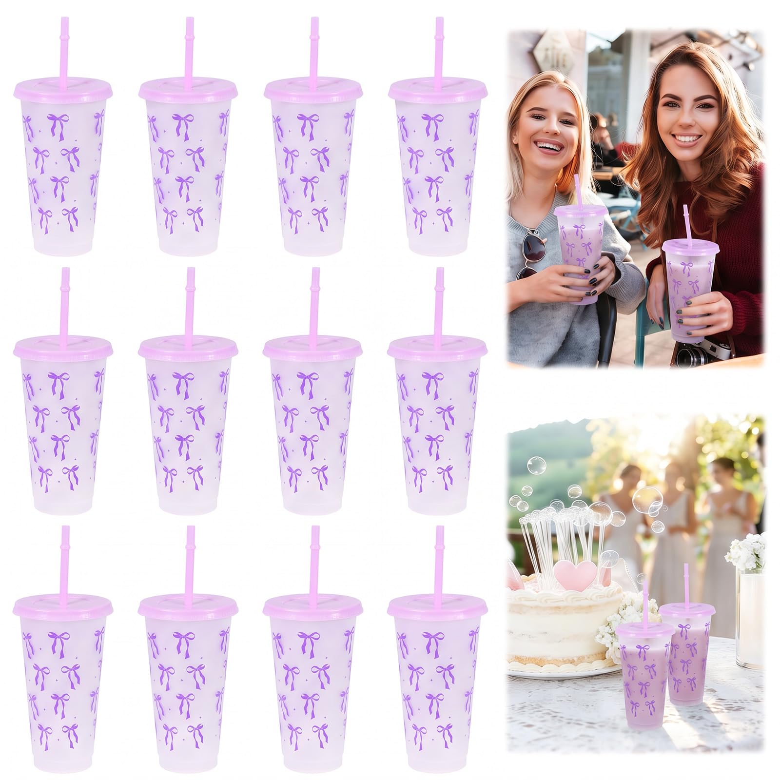 ATopoler 12 Pcs Plastic Bow Cups with Lids and Straws, 24 oz Reusable Cups