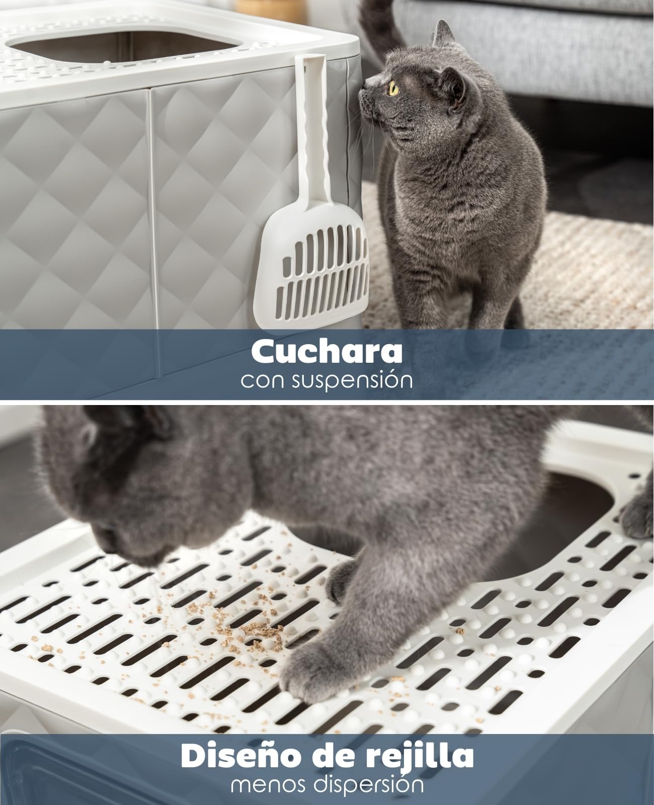 lionto Caja de Arena para Gatos con cajón y Pala, 50,5x40,8x37 cm, Caja de Arena con 2 Salidas y Base a Prueba de Fugas, para Gatos de hasta 15 kg, Plegable, Material PP Duradero, Blanco-Gris