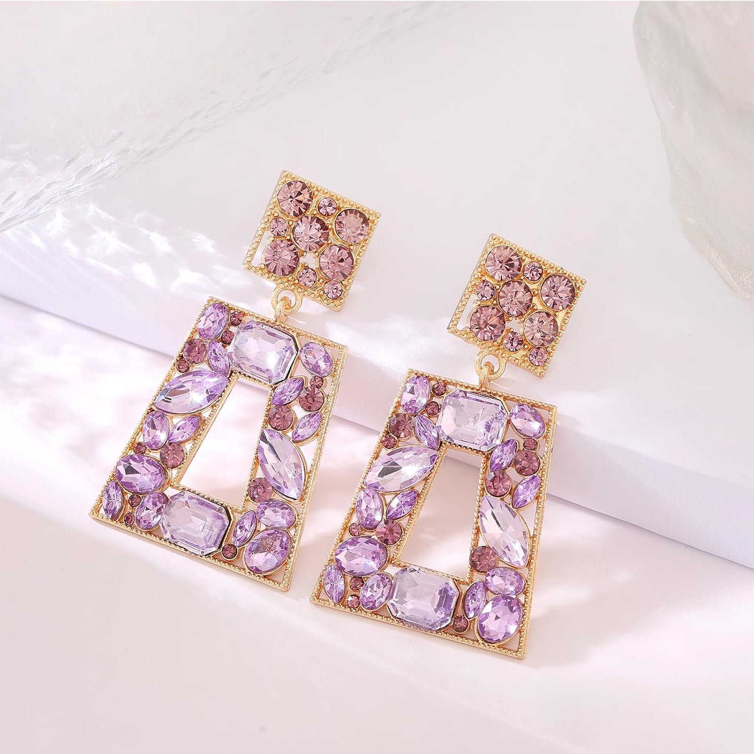 Rhinestone Rectangle Statement Earrings Colorful Crystal Geometric Drop Dangle Earrings for Women Prom Party - Image 4