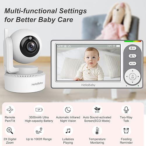 Miniatura 2 de HelloBaby Monitor de bebé de video de 4.3 pulgadas con batería de 30 horas, monitor de bebé con zoom panorámico remoto sin WiFi, monitor de bebé con