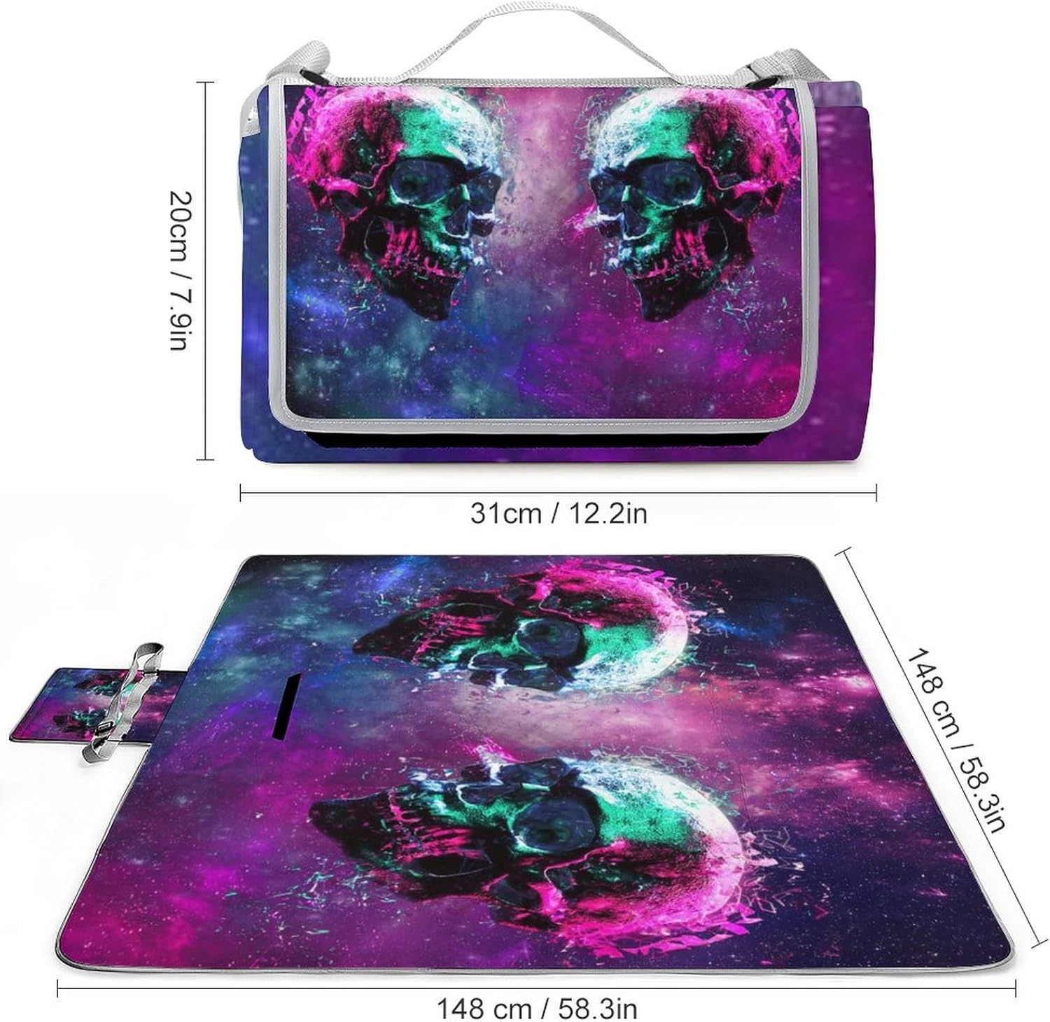 Scary Skull PortableAnd Extra Large Picnic & Outdoor Blanket Fantasy Galaxy Universe Horror Skeleton Pink Cyan for Outdoor Picnics, Beach, Camping 58.3x58.3 Inch