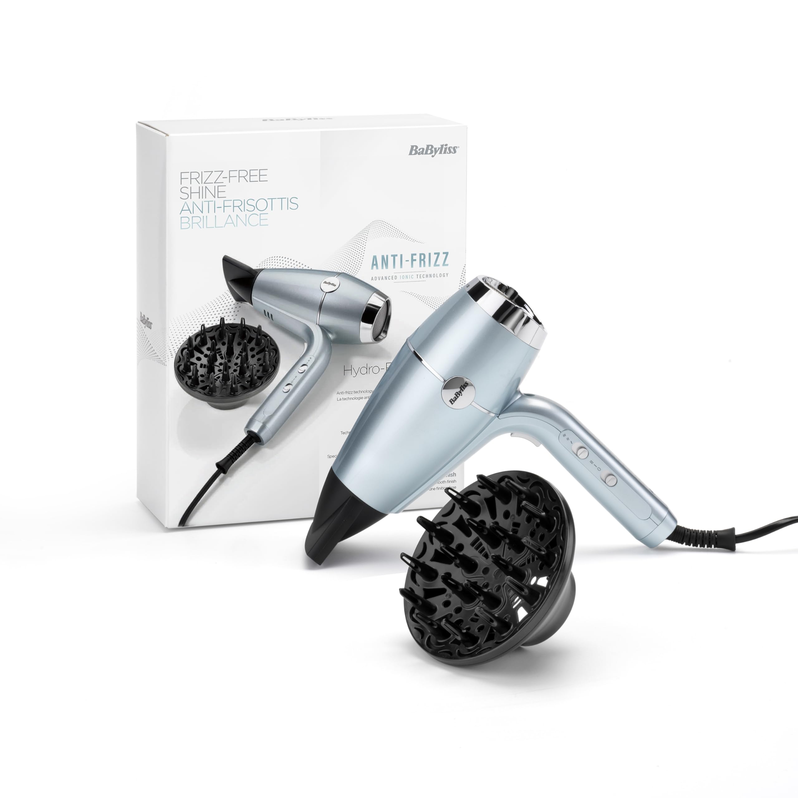 Sèche‑cheveux BaByliss Hydro‑Fusion avec Diffuseur – Sèche‑cheveux ionique professionnel 2100 W, technologie plasma pour brillance, design léger, 3 températures & 2 vitesses, bleu, D773DE