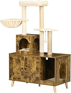 PawHut Litter Box Enclosure with Cat Tree Tower, Hidden Cat Washroom Furniture with Condo, Scratching Posts, Large Platform, Hammock and Soft Cushion, Rustic Brown