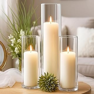 3 PCS White Pillar Candles (2''X3,4,6) and Glass Cylinder Vases(2.6''X5,6,8),Hurricane Candles,Perfectly Sized for use as a Centerpiece Candle Decoration on Wedding Tables!