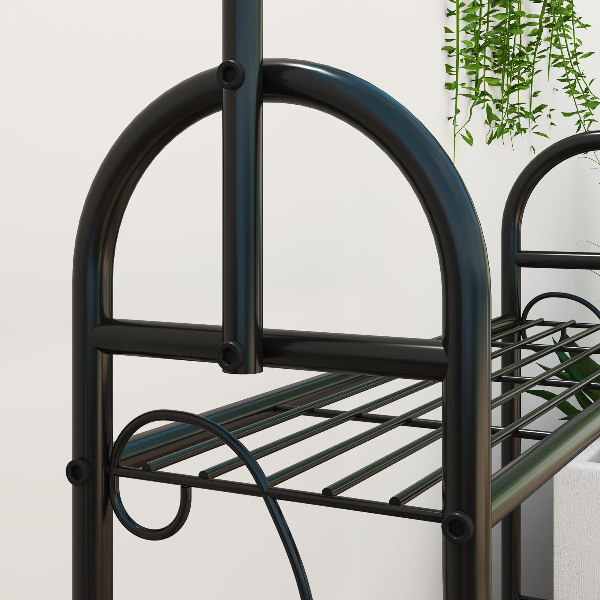 Outsunny Étagère à fleurs 3 niveaux pour Intérieur Extérieur Métal Noir | Support de Plantes, Tige de Suspension, 3 Crochets, pour Balcon, Salon, Chambre, Jardin