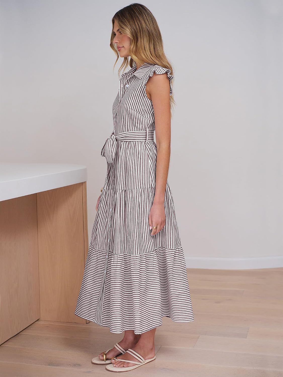 Caracilia Womens Summer Casual Ruffle Cap Sleeve Maxi Dress Button Down Striped Plaid Tie Waist Vacation Long Shirt Dresses image 4