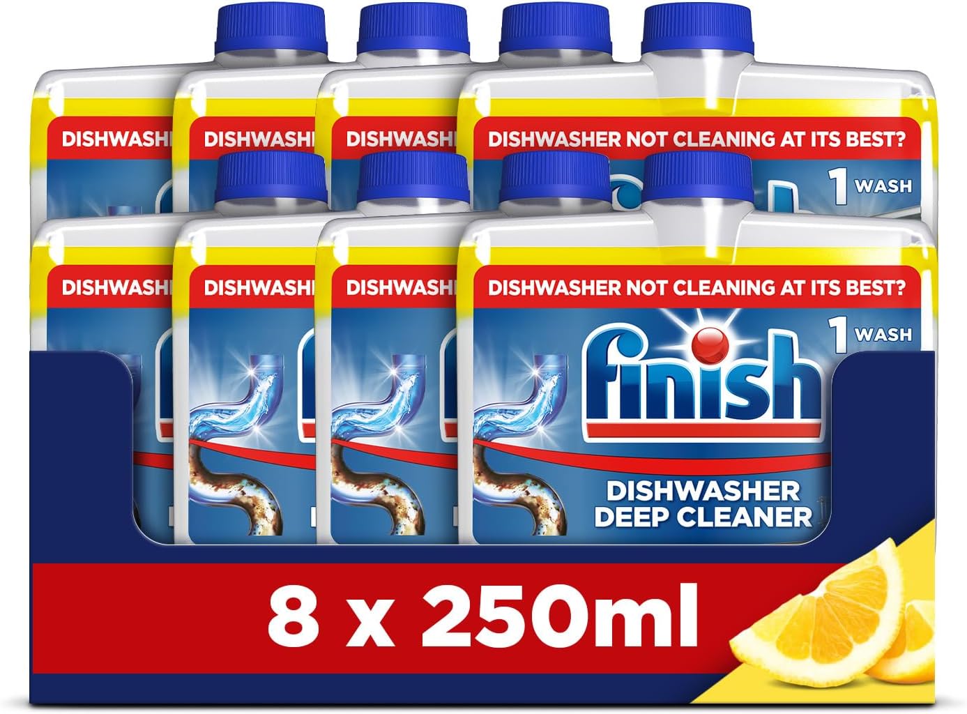 Dishwasher Cleaner, Lemon Scent, 2.0L (250ml x 8 pck), Removes Grease, Limescale and Dissolves Clogs, Fights Odour for a Cleaner Hygienic Dishwasher Machine