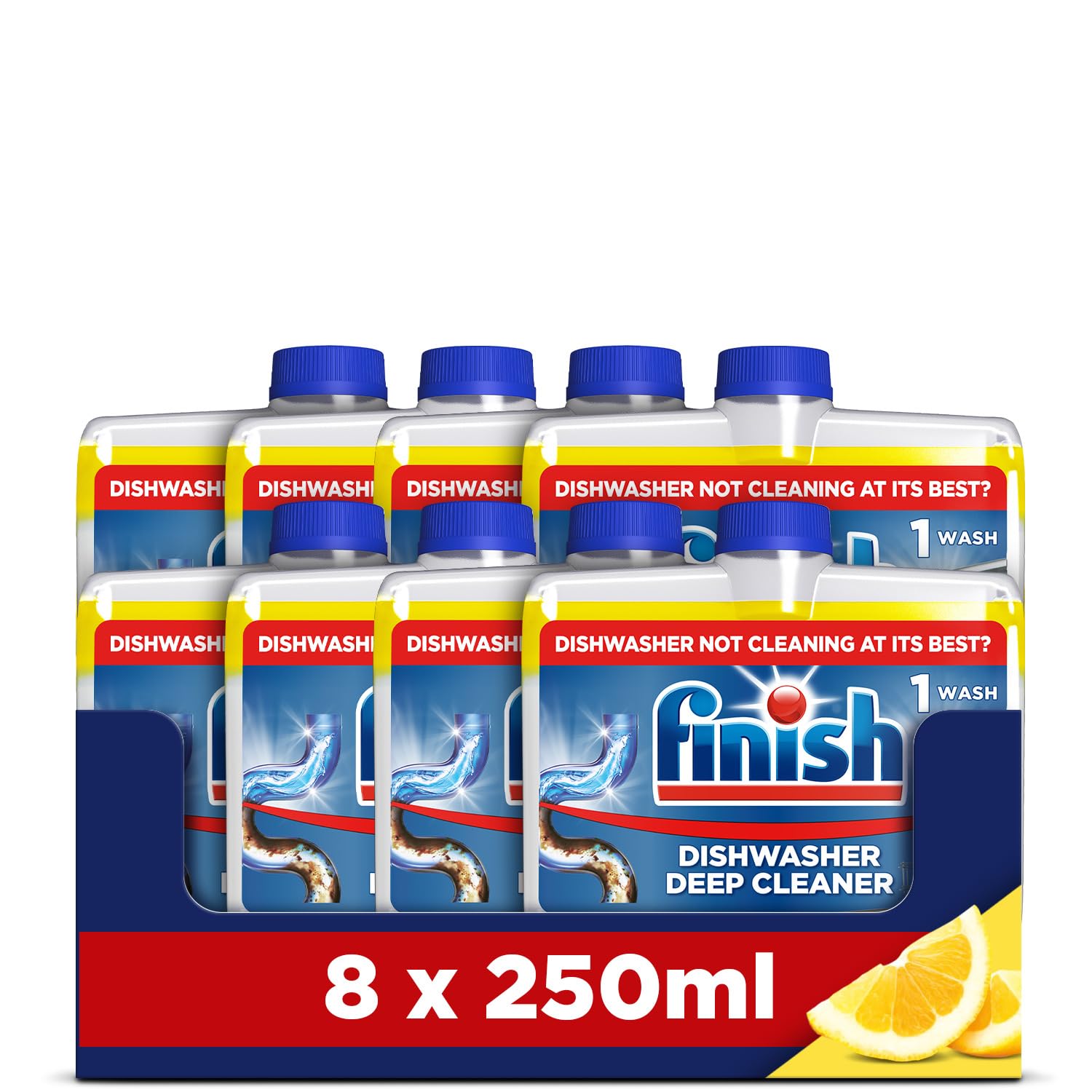 Finish, Dishwasher Cleaner, Lemon Scent, 2.0L (250ml x 8 pck), Removes Grease, Limescale and Dissolves Clogs, Fights Odour for a Cleaner Hygienic Dishwasher Machine
