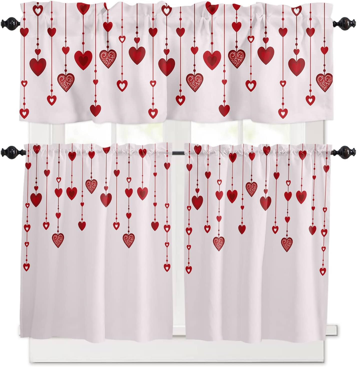 Kitchen Window Valance and Tier Curtains 3 Pieces Set Valentine's Day Hanging Love Heart Rod Pocket Valances Tiers Short Cafe Curtain Privacy Window Treatment for Bedroom Red Romantic Element on Pink