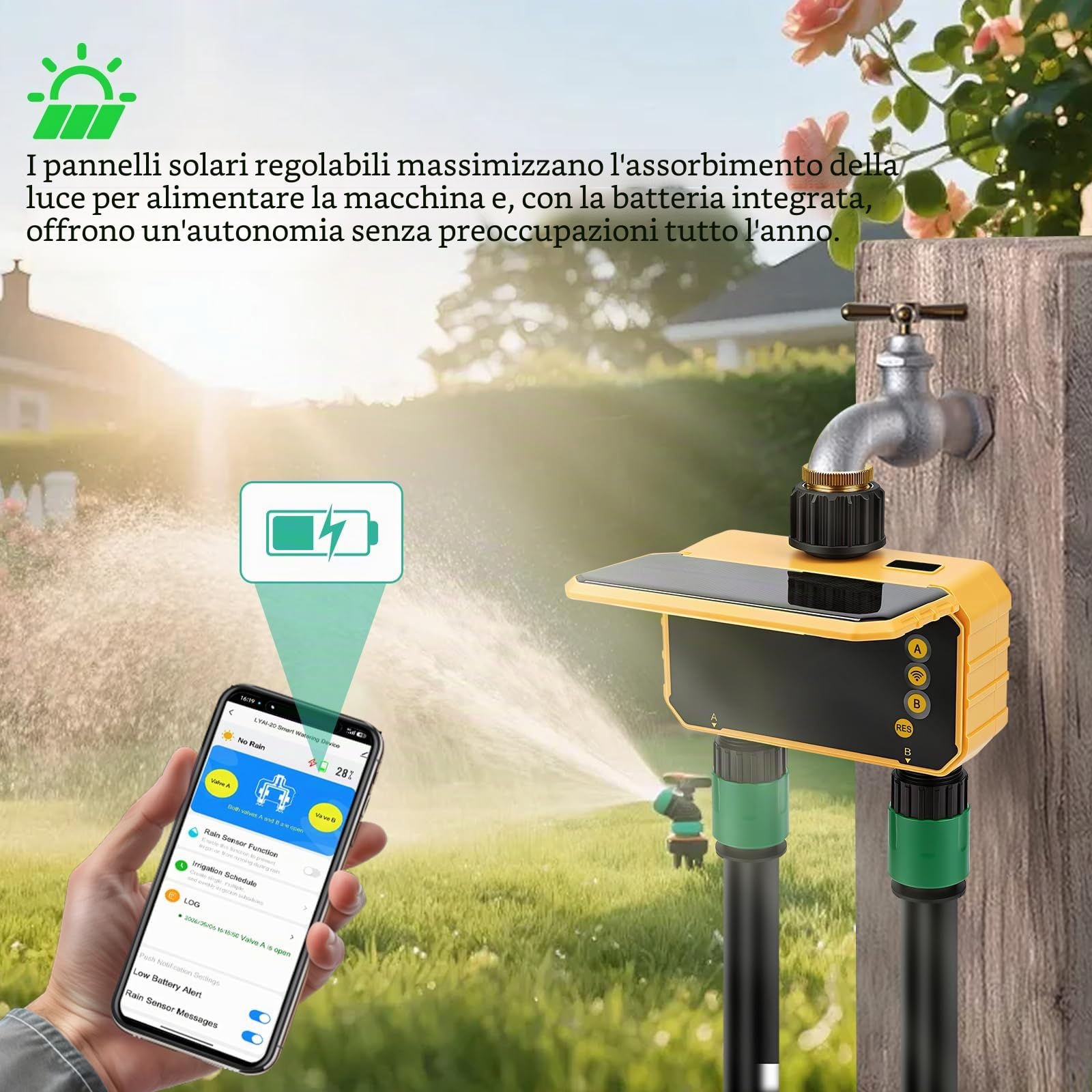 Nikou Centralina Irrigazione WiFi 2 Vie, Timer Irrigazione Automatico Computer di l'irrigazione a Energia Solare, Compatibile con APP, Vocale Alexa, Ritardo Pioggia, Temporizzatore per Giardino Prato