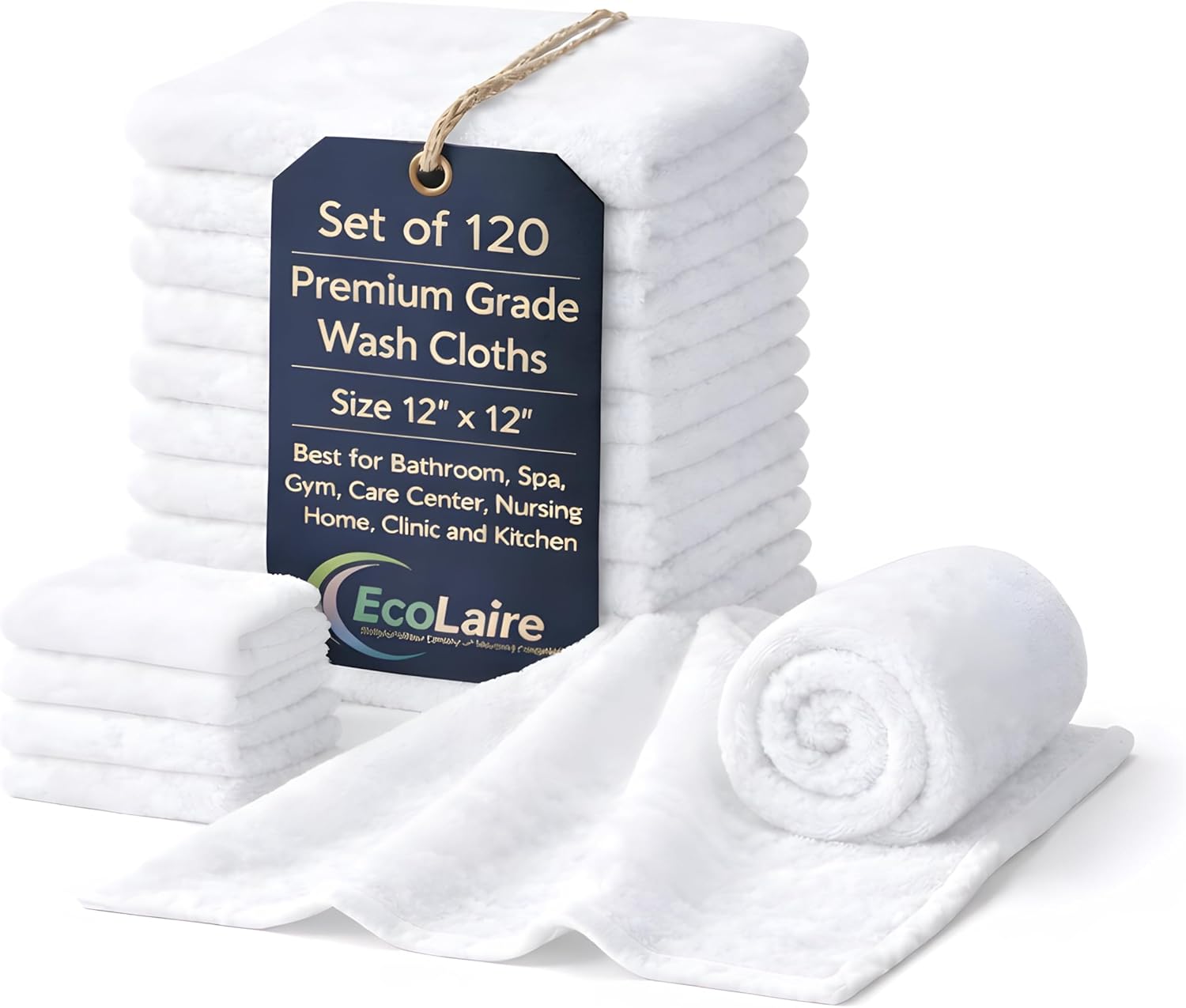 EcoLaire Washcloths Set of 120 (12x12 inches) White Premium Cotton Blend Quick Drying & Soft Face Wash Cloths, Fingertip Towels for Bathroom, Spa, Gym, Care Center, Nursing Home, Clinic and Kitchen