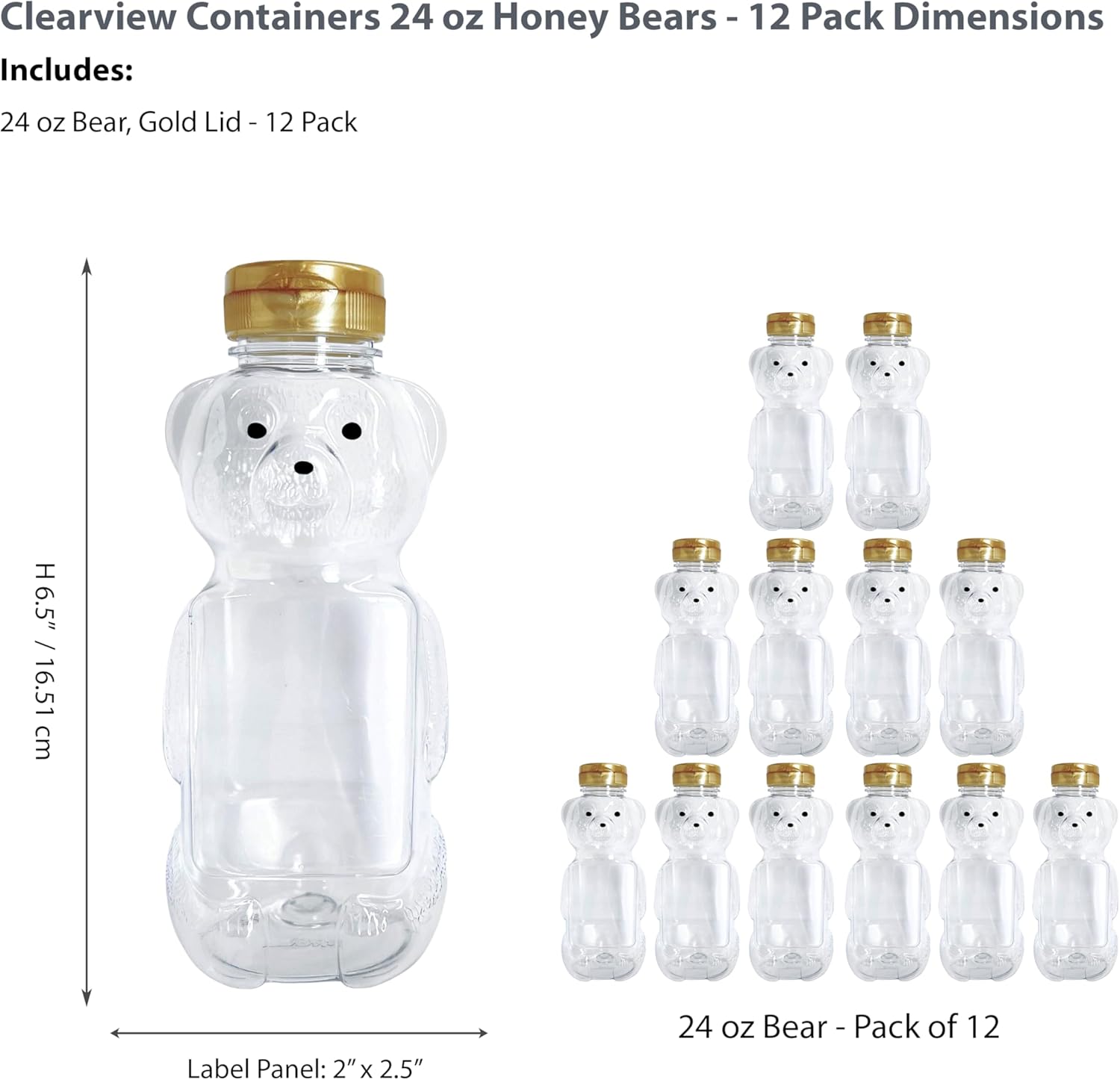 12 Pack of 24 Ounce Honey Bears with Sealable Gold Flip Top Lids (24 oz. Bear, 12pk, Gold)