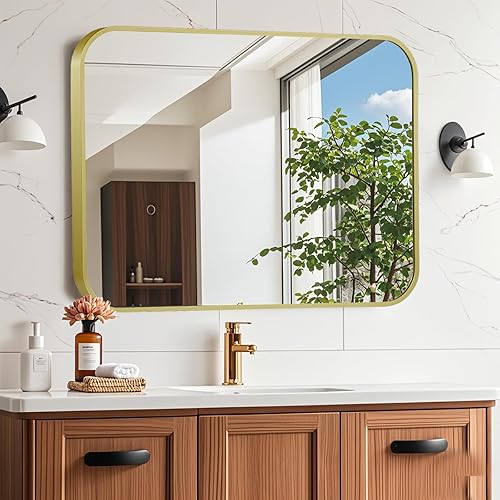 Miniatura 7 de JENBELY Espejo dorado de 26 x 38 pulgadas, espejo rectangular enmarcado con esquina redondeada, espejo de latón cepillado, espejo de baño dorado