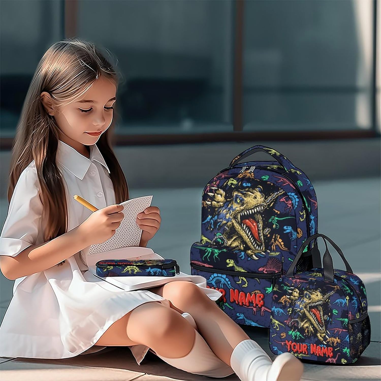 Boys Backpack with Lunch Box - Personalized 3 in 1 Cool Dinosaurs Bookbag for School, Travel - 17 Inch Custom School Bag Set for Kids