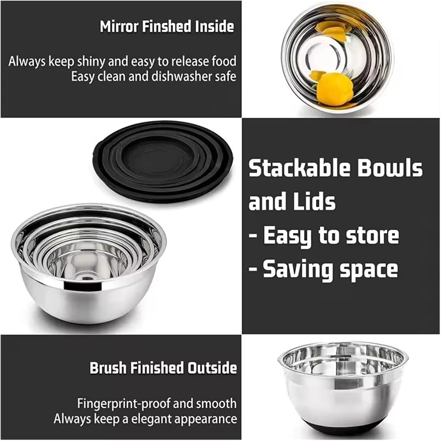 Mixing Bowls With Lids And Non-Slip Bases, Stainless Steel Set For Baking, Nesting Storage