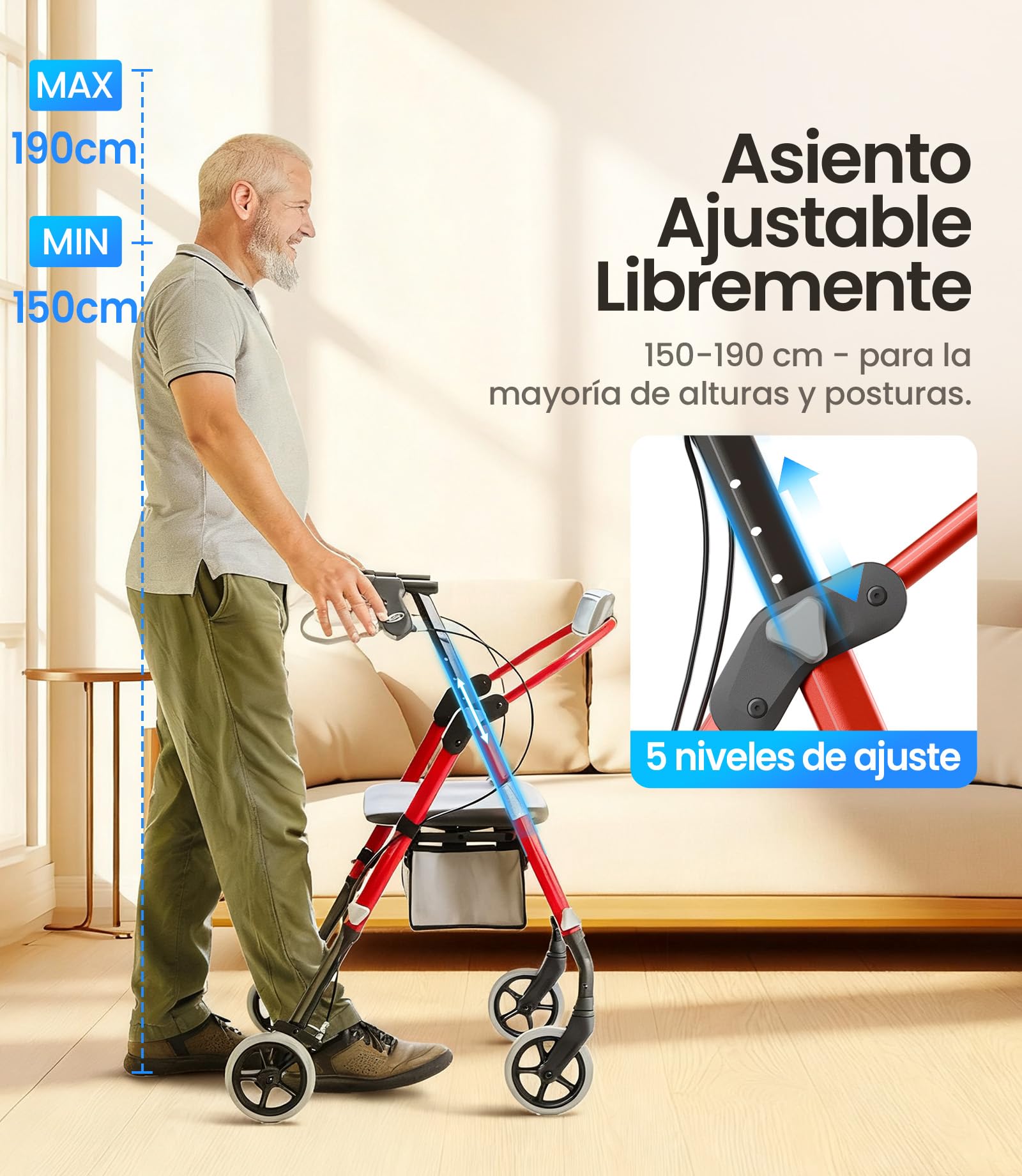 VOCIC Andador plegable ligero con asiento, 6,3kg Ultraligero, Max 150 kg | andador para ancianos con ruedas, asiento ergonómico, altura regulable, Walker estrecho para apartamento & viajes, rojo