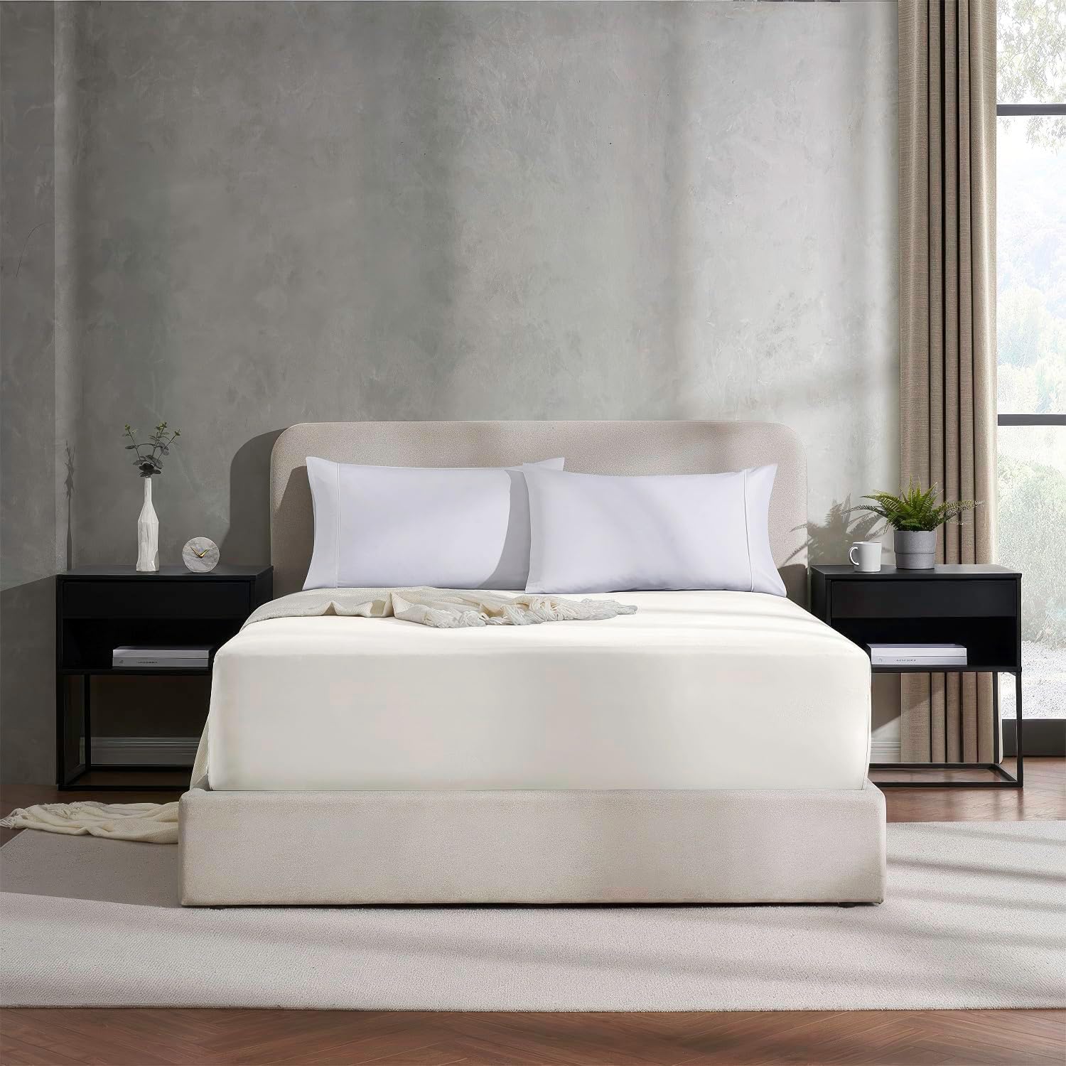 Nestl Off White Extra Deep Pocket King Fitted Sheet Only, Hotel Luxury King Size Fitted Sheets Easily Fits 18 to 24 Inch Mattress, Super Soft, Wrinkle-Free, and Breathable Sheets with Corner Straps