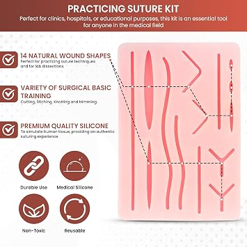 Suture Practice Kit for Medical Students, Nurses, Beginners – 3 Layer Suturing Practice Pad with 14 Pre-Cut Points, Suturing Practice Kit Training Instruments Sutures & Carry Case