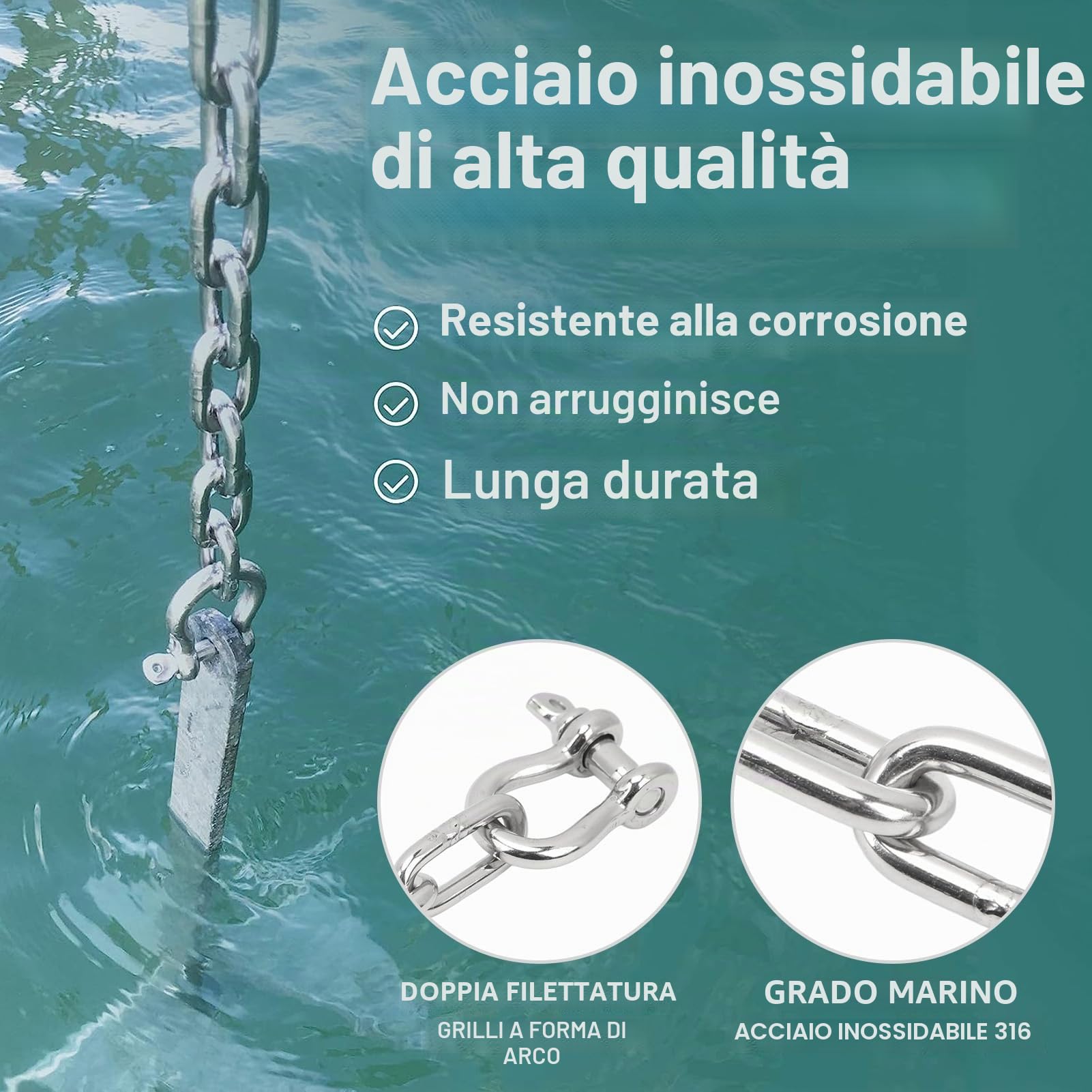 Catena per Ancora per Barche Catena per Ancora in Acciaio Inossidabile 316 da 6,6 Piedi con Doppio Anello di bloccaggio da 5/16" Grilli estremità di Collegamento Grado Marino per