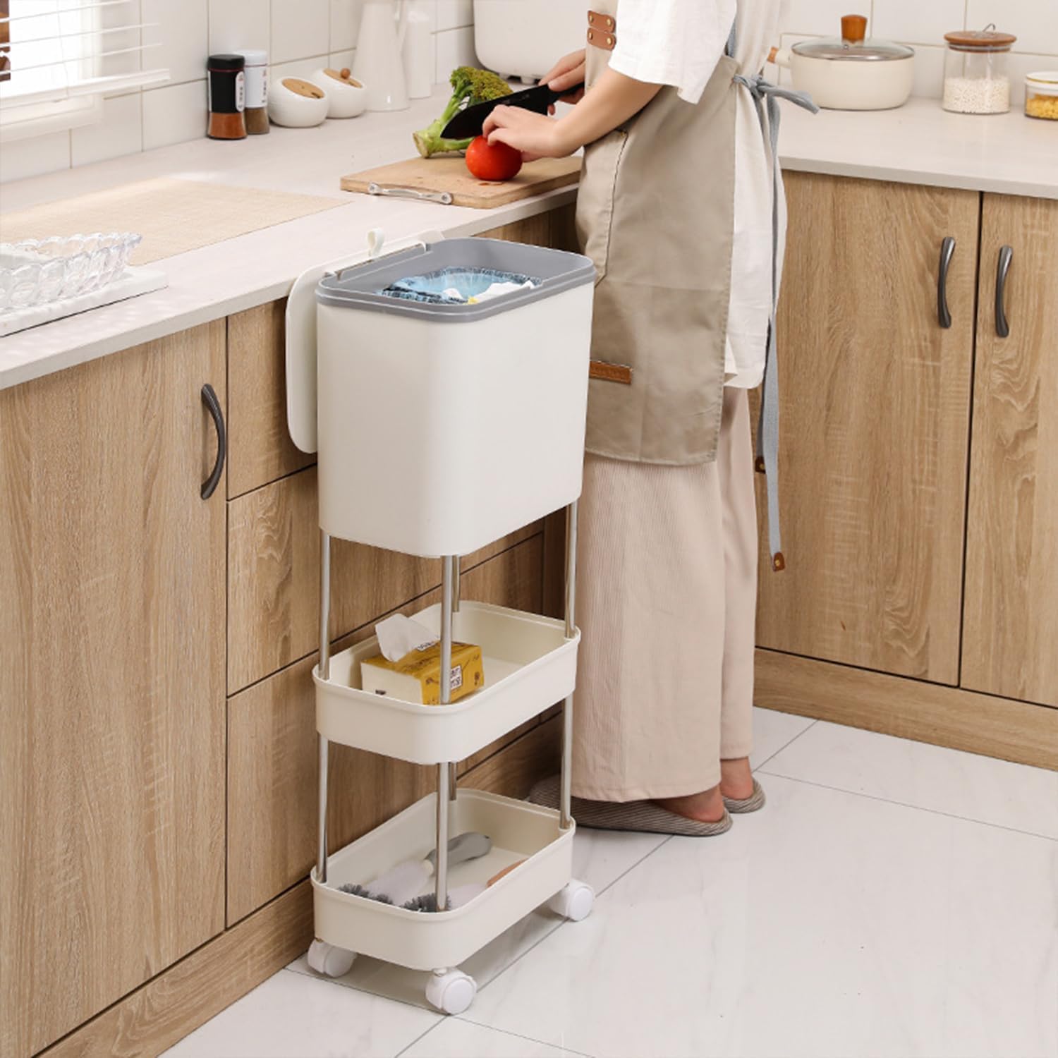 Lukzer 3-Layer Plastic Sorting Trash Bin with Wheels & Lid | 24L Airtight Pull-Out Garbage Can | Dry & Wet Waste Separation Dustbin for Kitchen, Bathroom, Bedroom, Pantry & Canteen – (PMR-007/White)-image-37