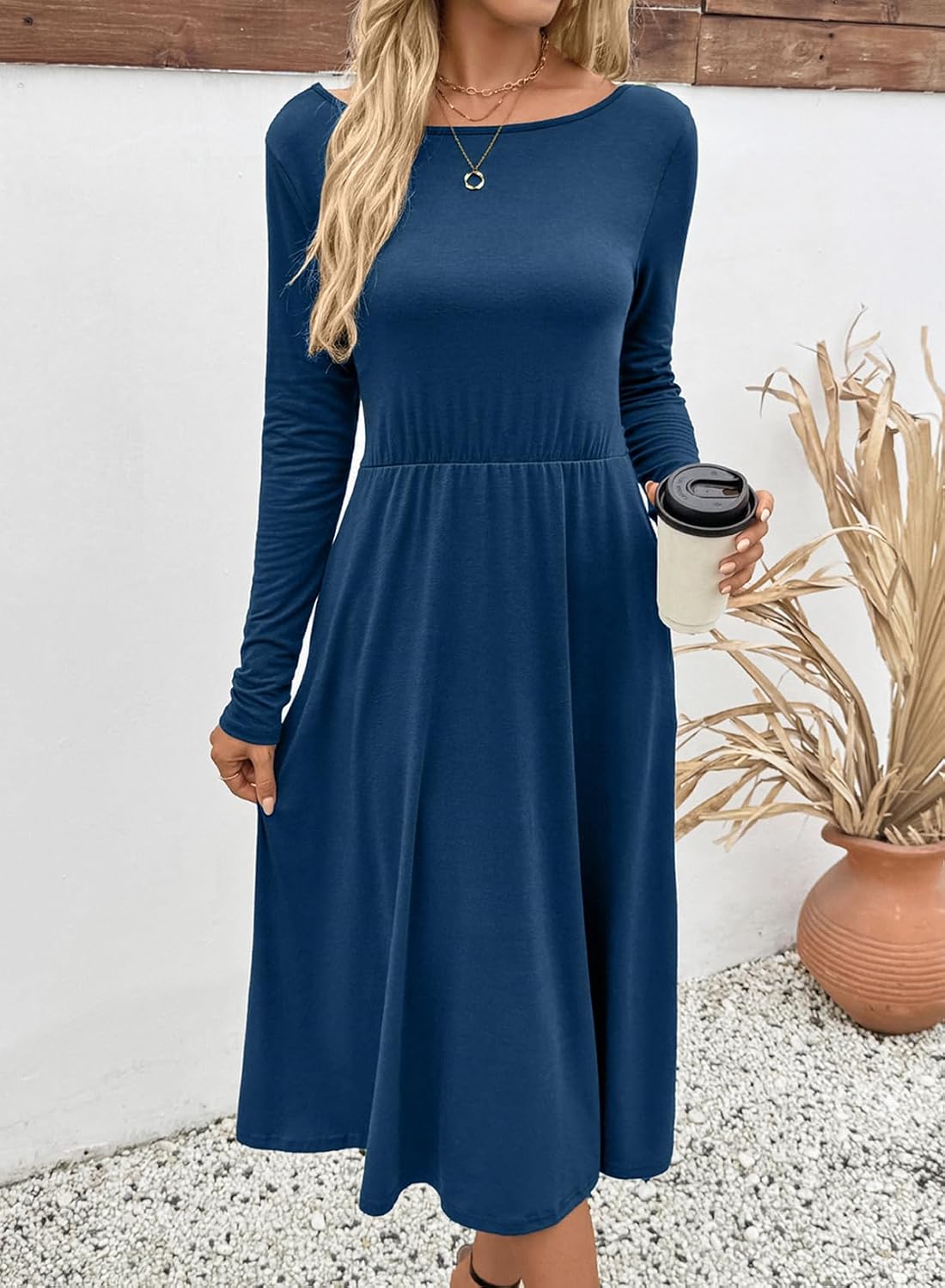 BLENCOT Long Sleeve V Neck Casual Knit Pleated Flowy Fall Winter Midi Maternity Dress with Pockets
