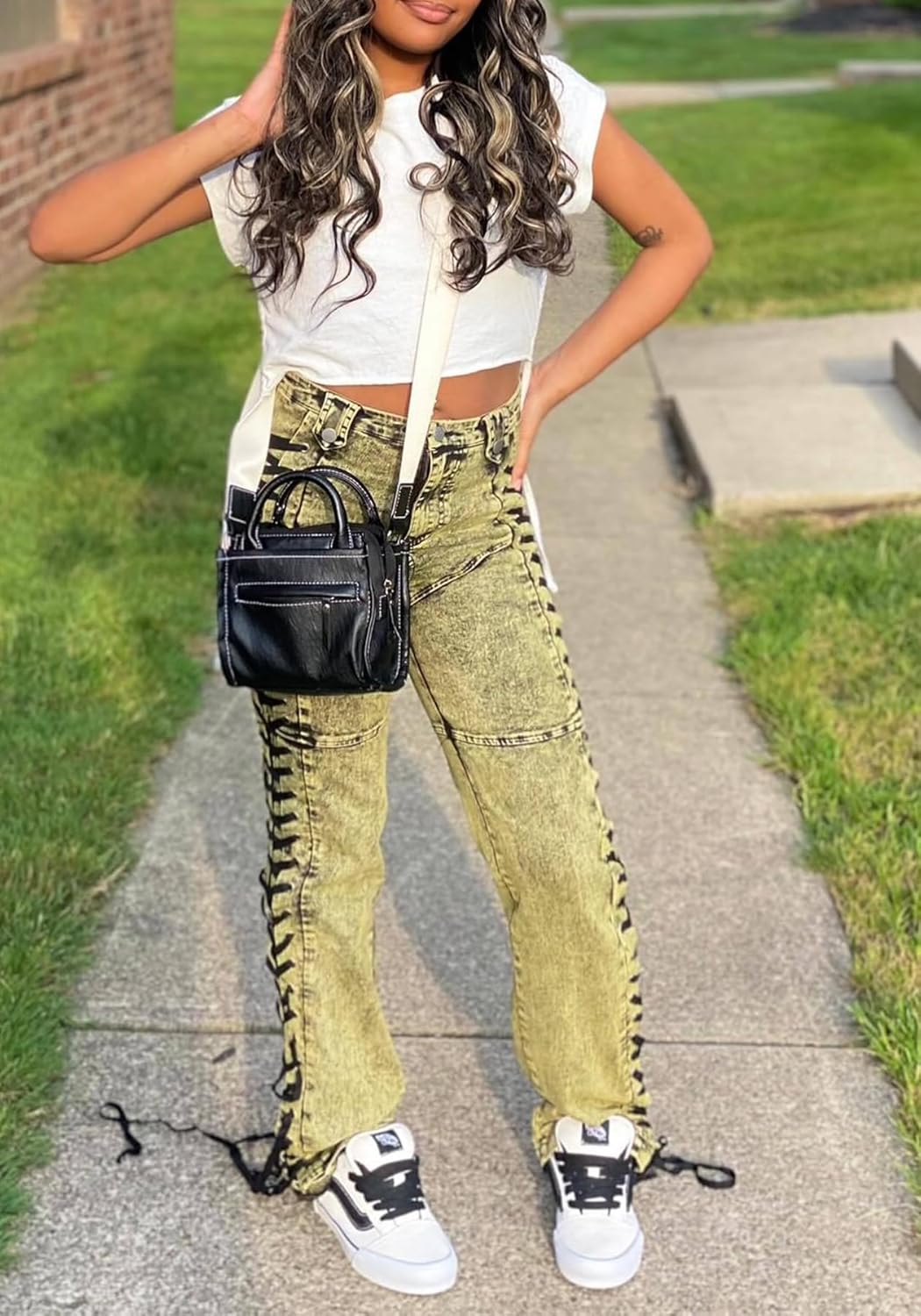 Women Straight Leg Jeans Casual Y2k High Waisted Lace UP Split Hem Jeans Slim Fit Trendy Denim Pants - Image 4