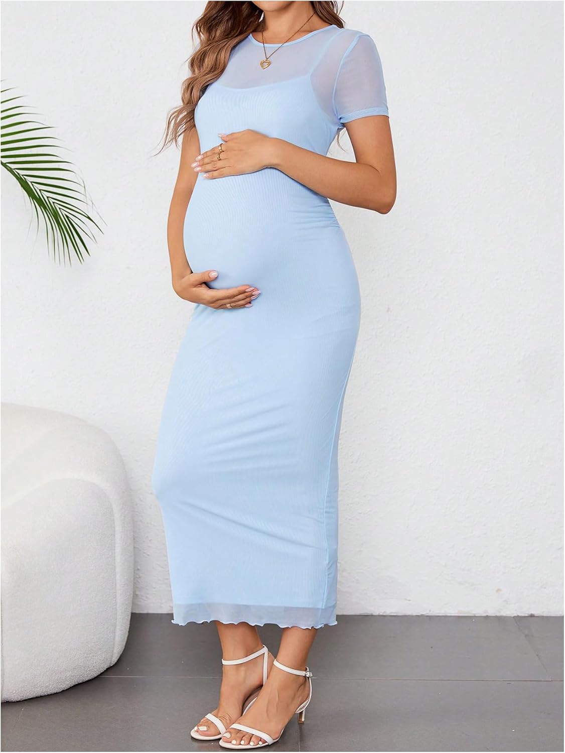 OYOANGLE Women's Maternity Dress Sheer Short Sleeve Crew Neck Bodycon Long Dresses