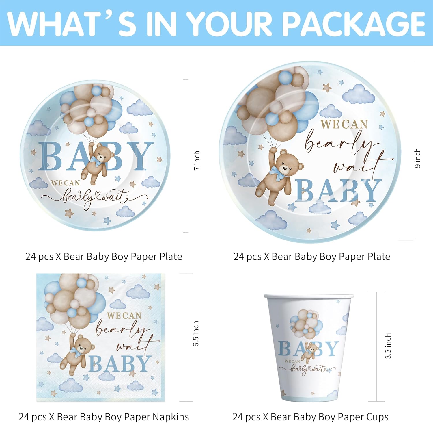 Bear Baby Shower Decorations Boy Tableware - Blue Bear We Can Bearly Wait Baby Shower Decorations Party Supplies, Paper Plate, Napkin, Cup, Cutlery, Tablecloth, 24 Guests image 2 of 7 B0CZPW7FV9