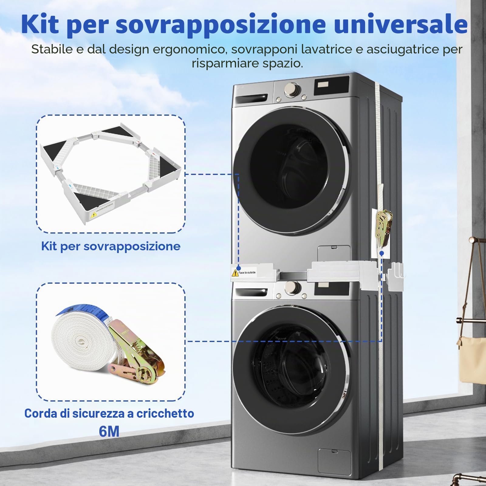 Kit Sovrapposizione Universale per Lavatrice Asciugatrice, Supporto Asciugatrice Sopra Lavatrice con 8 Cuscinetti Antivibranti e 1 Corde a Cricchetto, Telaio Intermedio Regolabile 44.5-70 CM