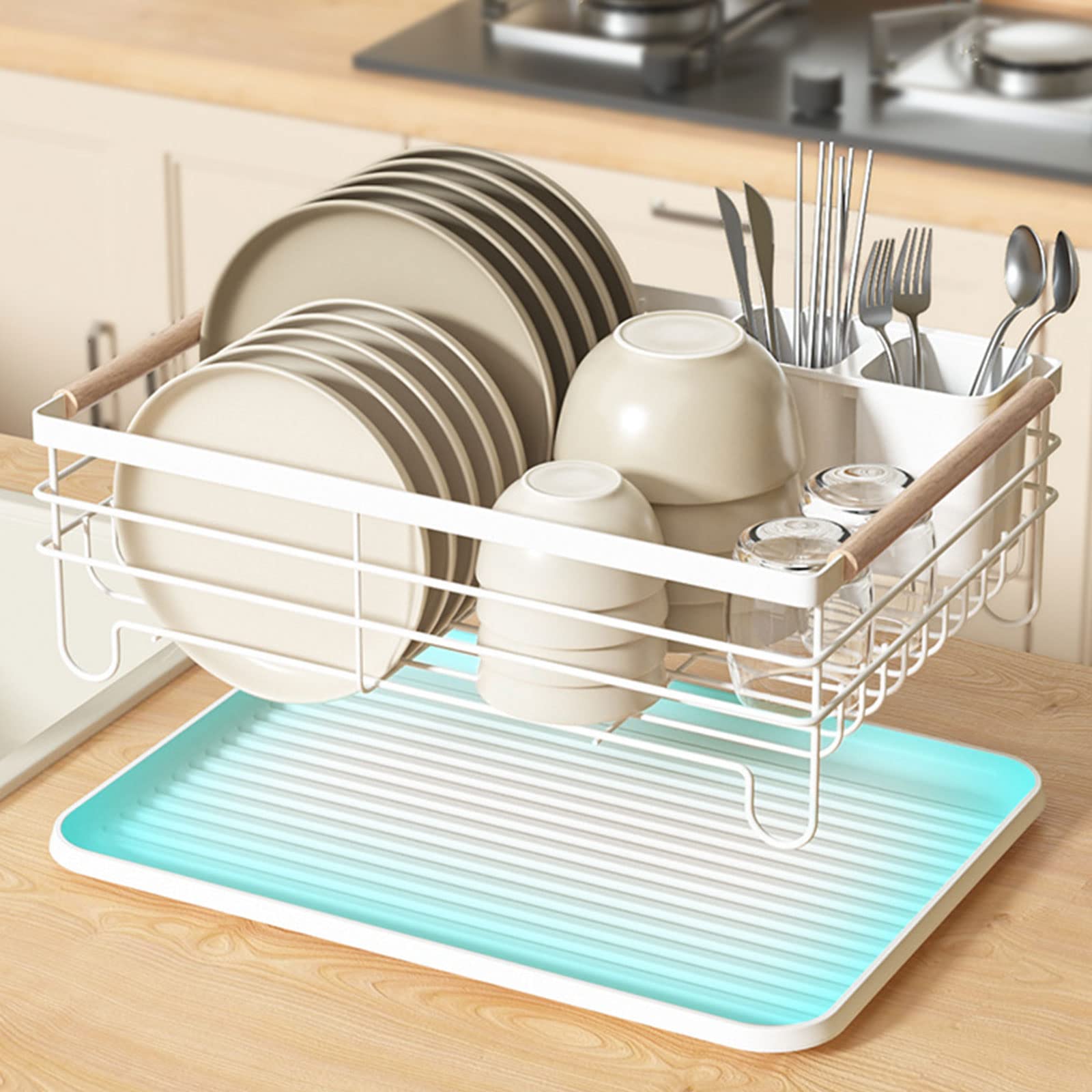 Escurreplatos de 1 nivel con bandeja de goteo extraíble, estante de secado de cocina para platos, cubiertos y vasos, ahorra espacio para un secado eficiente de los platos