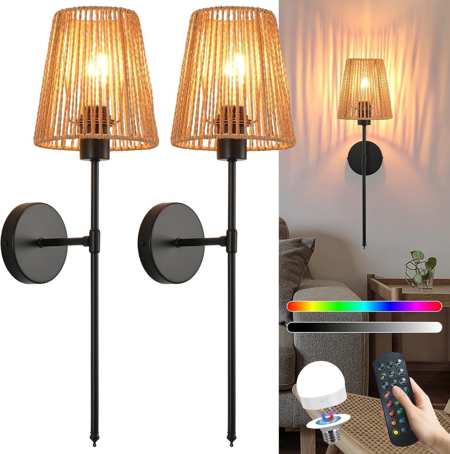 Lampada da Parete Boho in Rattan per Interni, alimentata a Batteria con Telecomando, Lampada retrò dimmerabile RGB, Paralume Ricaricabile Tramite USB, Non necessita di Collegamento