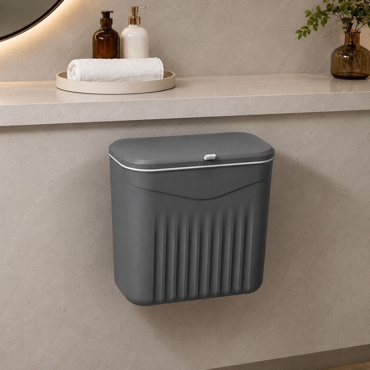 7L Hanging Kitchen Trash Can with Lid, Cabinet Door & Wall Mounted Garbage Bin, Double-Sided Flip Lid Waste Bin for Under Sink, Bathroom & Office (Grey)-image-32