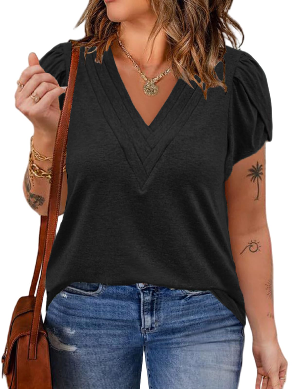 VISLILY Womens-Plus-Size-Summer-Tops Casual Petal Short Sleeve T Shirts Trendy V Neck Blouses Flowy Dressy Tunics XL-5XL