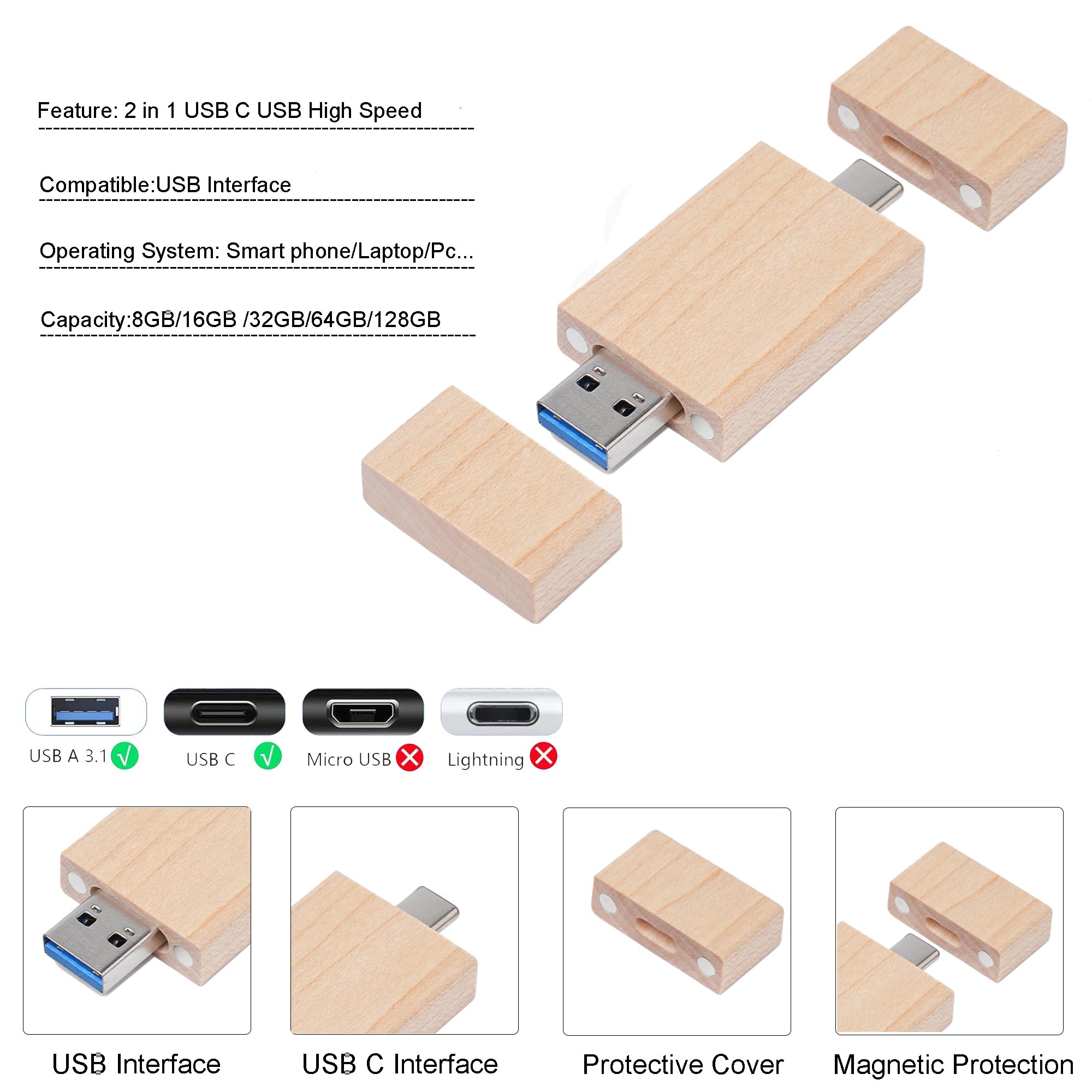 Chiavetta USB C da 32 GB, chiavetta USB 3.0 ad alta velocità, tipo C, doppia OTG, in legno d'acero, per TV, auto, smartphone, PC, laptop