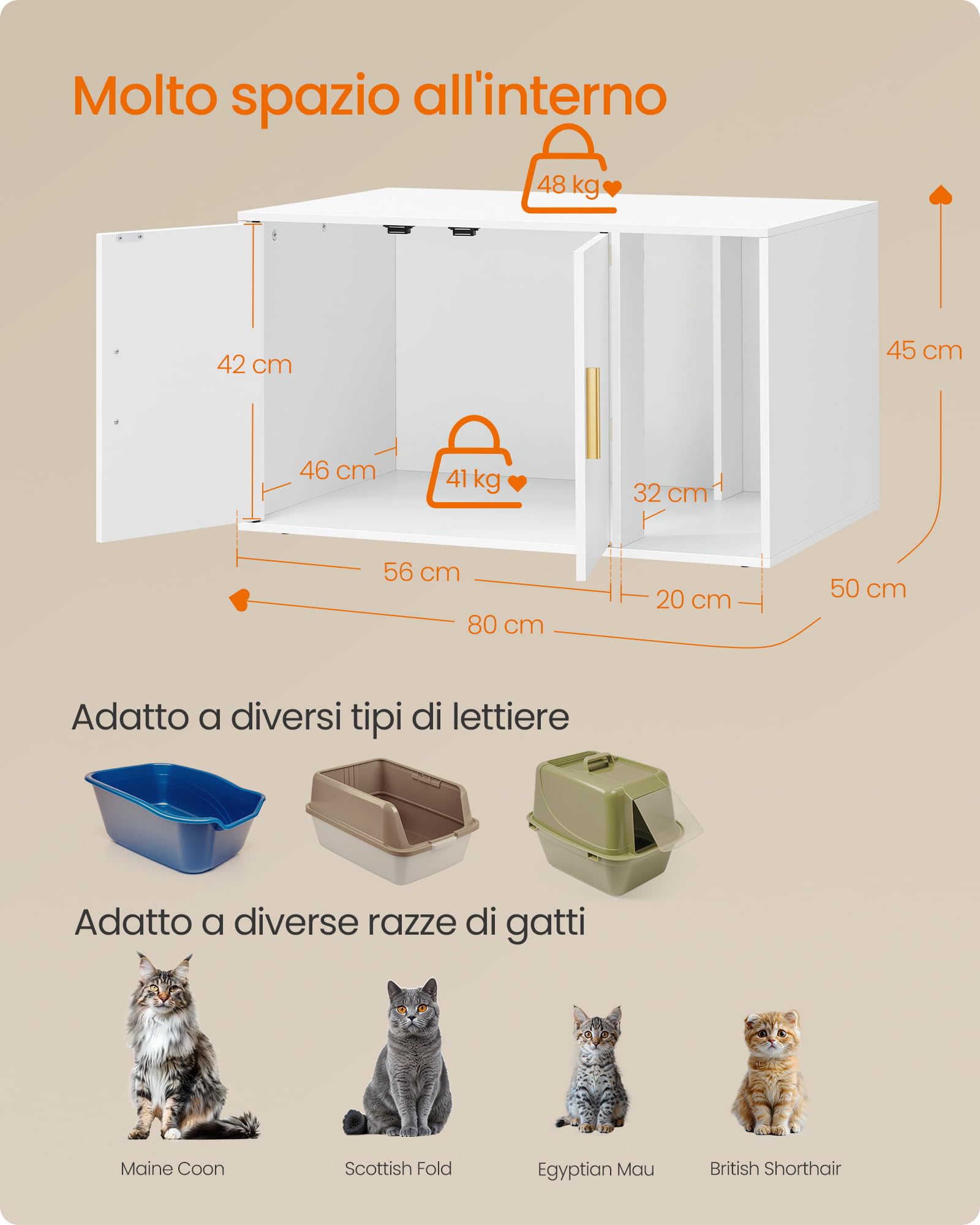 Feandrea Mobile Lettiera per Gatti, Toilette per Gatti Moderna, Ingresso Frontale, Doppie Ante con Maniglie, Utilizzabile come Tavolino, Soggiorno, 80 x 50 x 45 cm, Bianco Opaco PCL020WB02