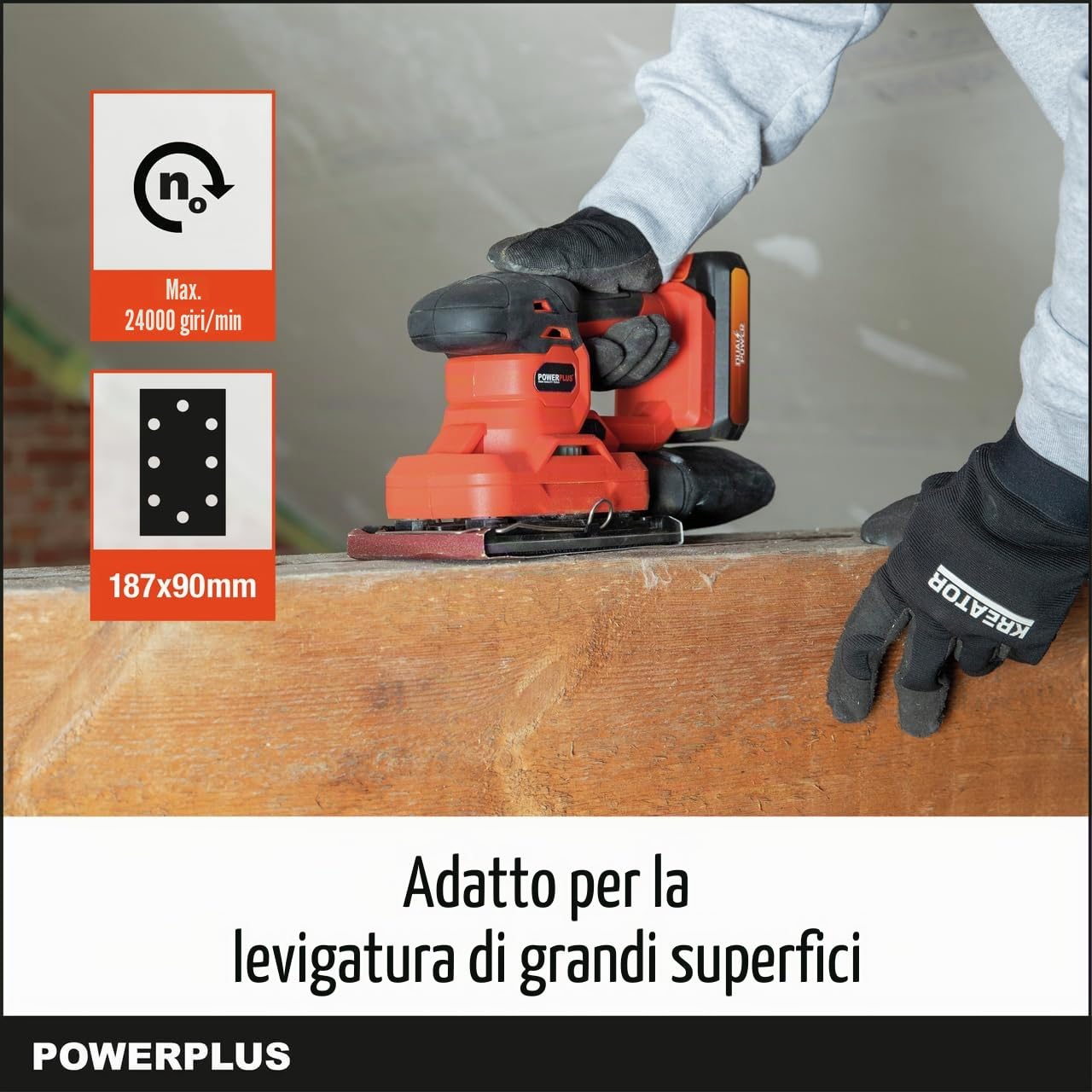 Powerplus Dual Power - Levigatrice vibrante senza fili, 20 V, POWDP50300, carta abrasiva, 187 x 90 mm, 24.000 min-1, con 1 sacchetto per la polvere e 1 foglio di carta abrasiva, senza batteria e