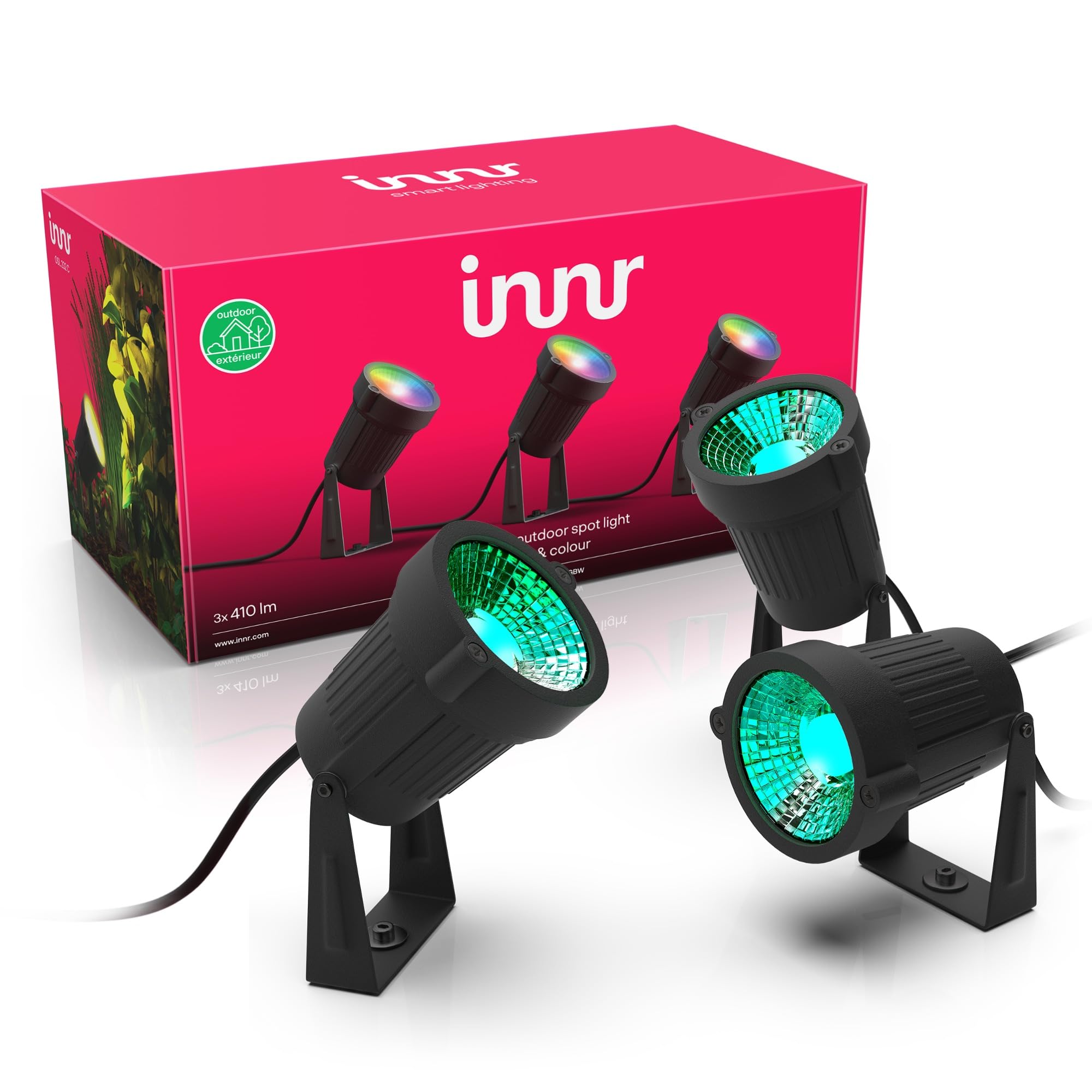 Innr Smart Gartenstrahler Set (3er-Pack), Zigbee, kompatibel mit Hue* & Alexa (Bridge erforderlich), White & Color LED Außenstrahler für Garten & Terrasse, IP65 wasserfest