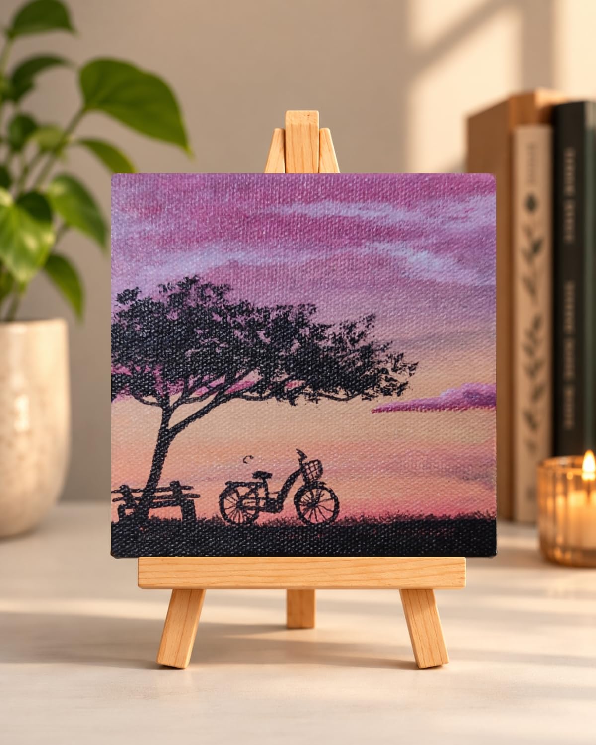 Mini Acrylic Painting with Easel Stand, Sunset Landscape, 4x4 inch, home decor | Sunset and cycle Canvas Art,, Tabletop Display, Handcrafted, Home Decor-image-12