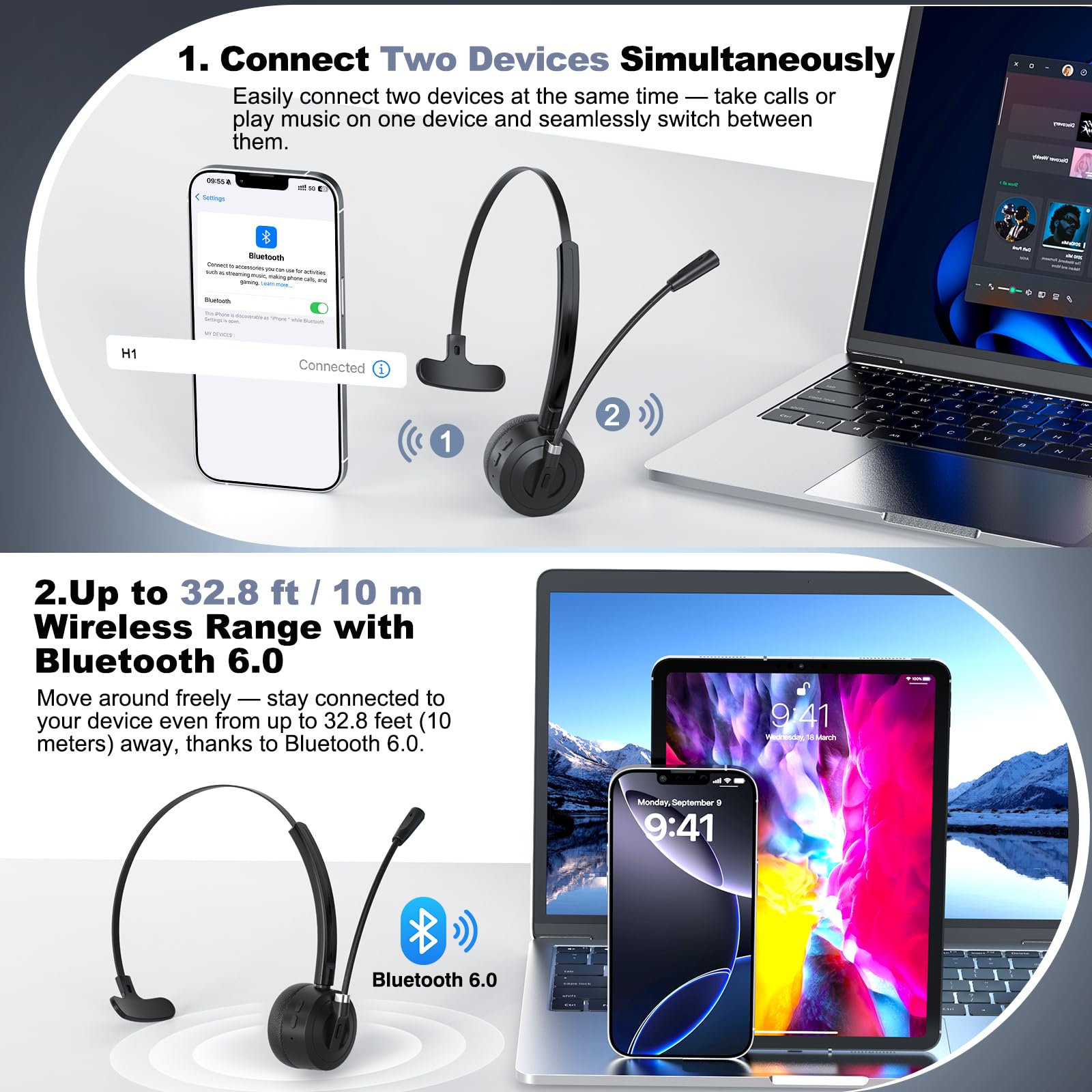 ShinePick Casque Bluetooth sans Fil avec Micro, Mains Libres, Casque Appel
