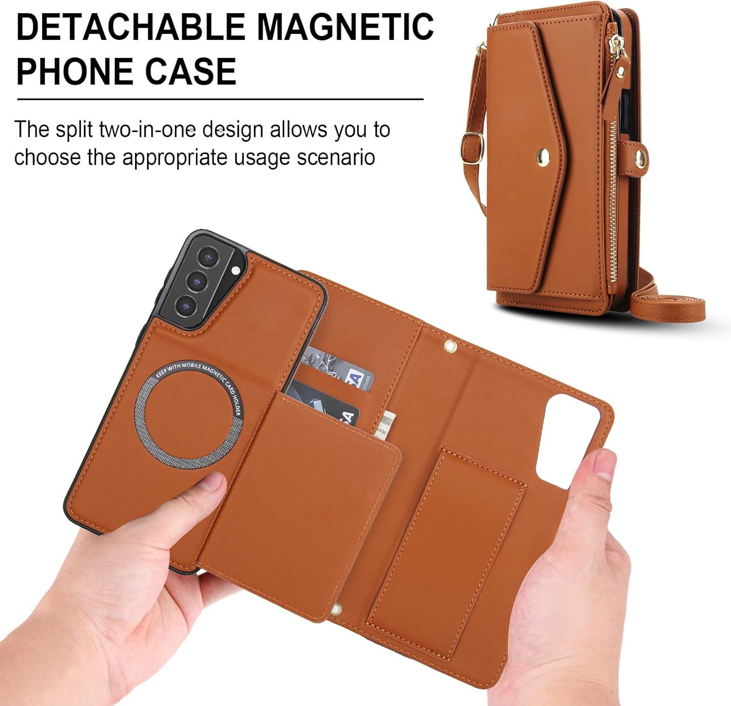 Asuwish Phone Case for Samsung Galaxy S21 5G 6.2 inch Wallet Cover Compatible with Magsafe RFID Screen Protector Crossbody Lanyard Strap Flip Card Holder Slot Zipper Cell Purse S 21 21S G5 Brown