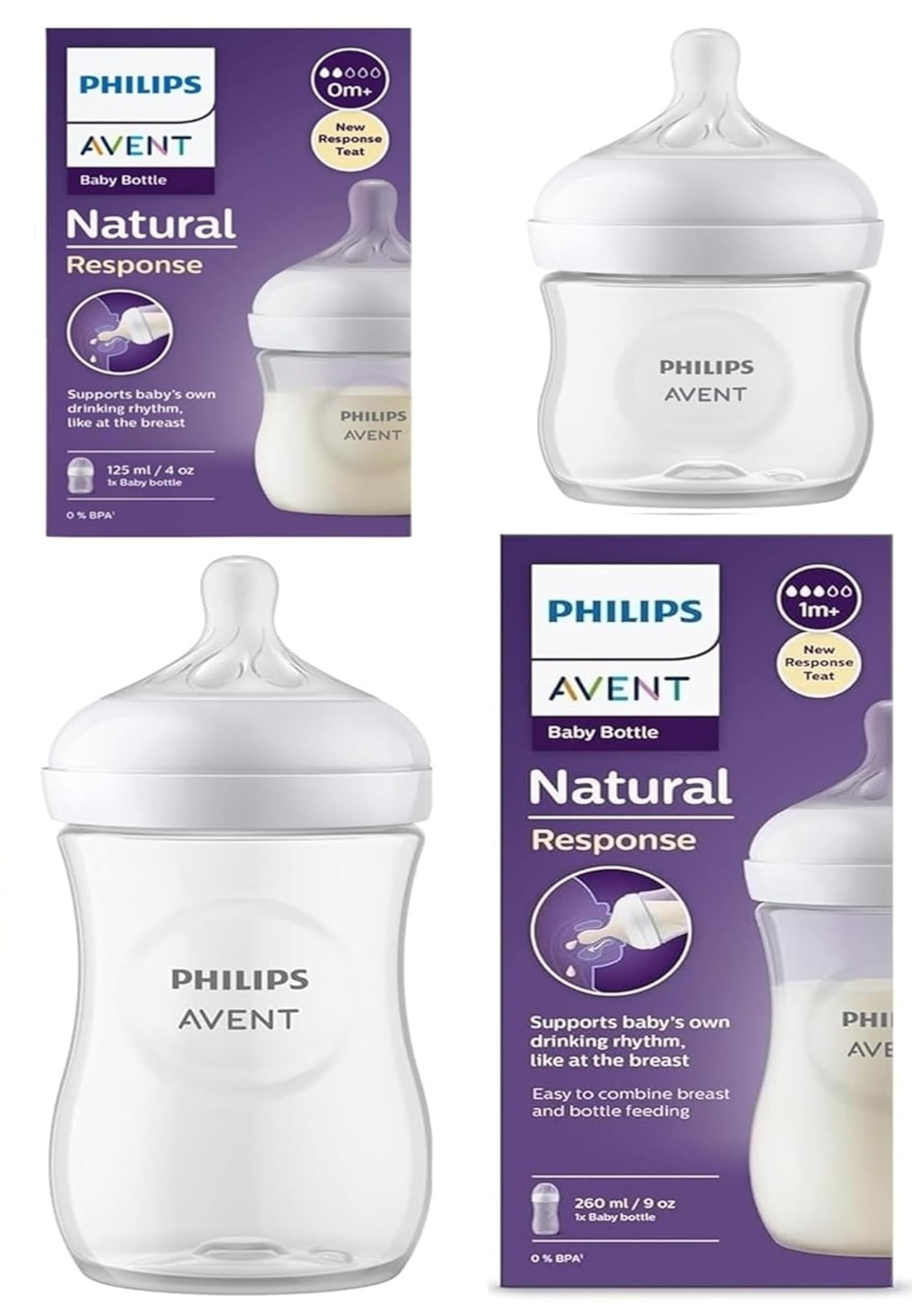 Avent Philips Polypropylene Natural Baby Feeding Bottle Combo| No.1 Brand Recommended by Moms Worldwide | Natural Response Technology Mimics Breastfeeding (Clear 125ml+260ml Combo)