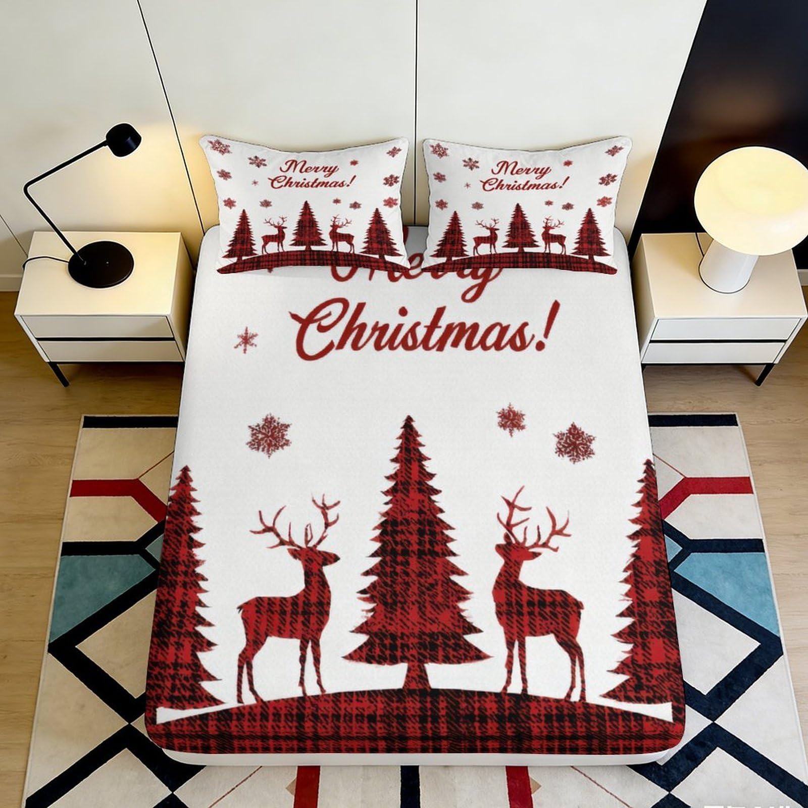 3D Printed Christmas Reindeer Fitted Sheet Microfiber Soft Red Tree Mattress Cover for Bedroom Dorm House Decor 90x200x25cm