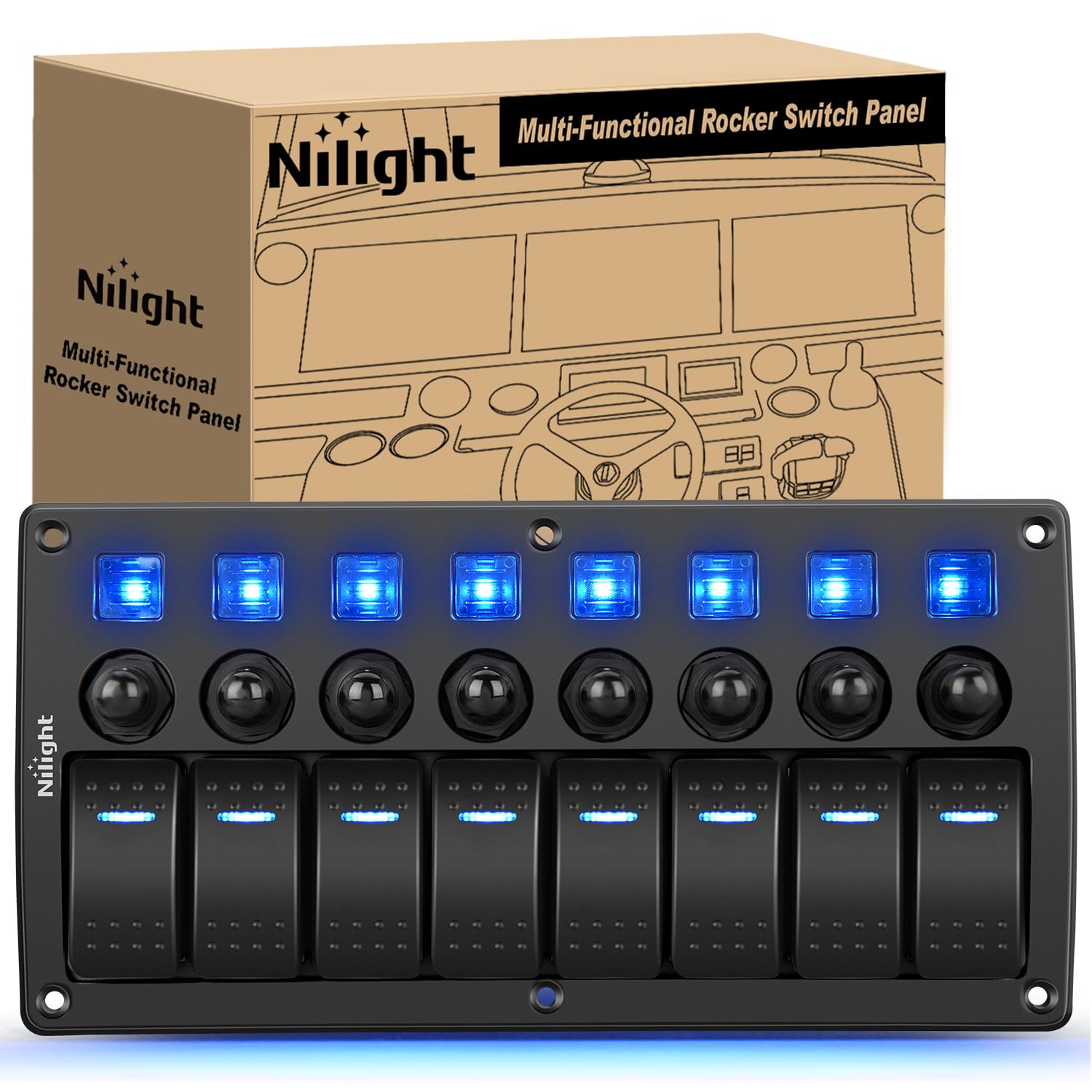 Nilight 8 Gang Rocker Switch Panel Waterproof Pre-wired Marine with Resettable Circuit Breaker LED Backlight 5A 10A 15A Breaker 12V 24V ON OFF 3-image-48