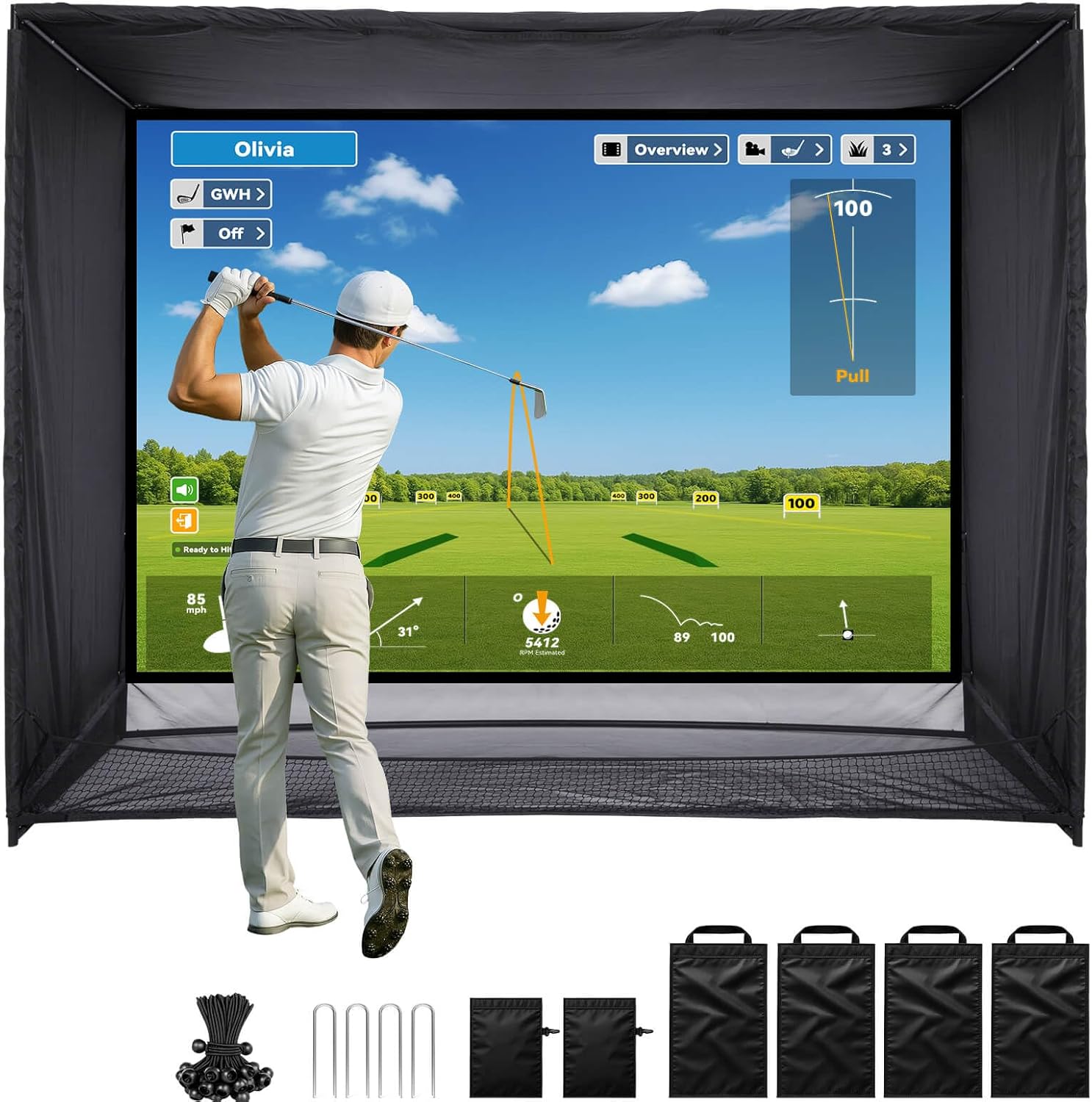 Golf Simulator Enclosure, 10x8FT Golf Net with HD Impact Screen & Side Barriers – Dual-Layer Impact Screen, Foam-Padded Frame, Indoor Cage Net for Home Garage Studio
