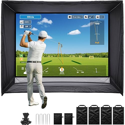Golf Simulator Enclosure, 11x8FT Golf Net with HD Impact Screen & Side Barriers – Dual-Layer Impact Screen, Foam-Padded Frame, Indoor Cage Net for Home Garage Studio