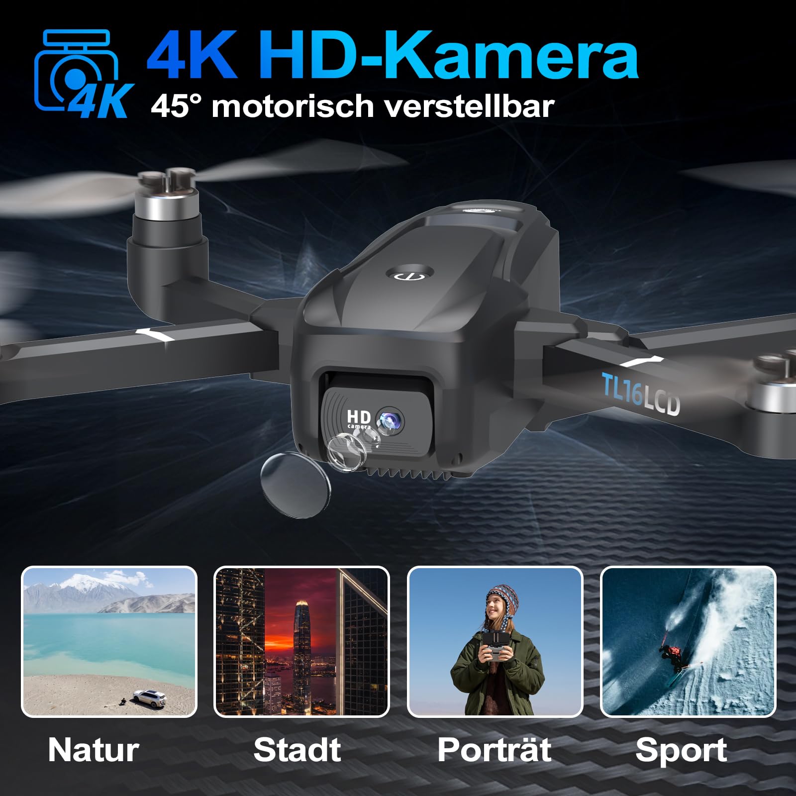 TL16LCD Drohne mit Kamera 4K, FPV Drohne mit LCD Fernbedienung für Anfänger Automatische Rückkehr Follow Me 5G Echtzeitübertragung GPS Drohnen RC Faltbare Drone für Erwachsene