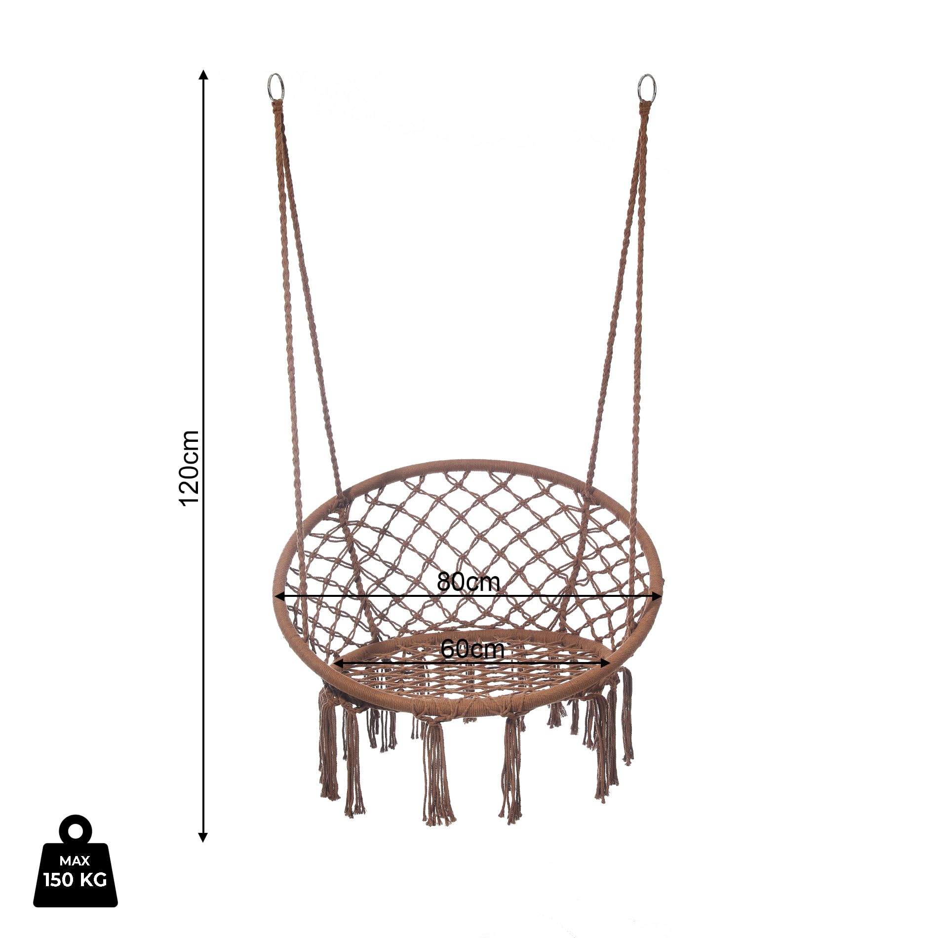 Rebecca Mobili Sedia Appesa, Poltrona a Dondolo, Marrone, Acciaio Policotone, per Esterno o Interno, Robusta, Stile Boho - Misure HxLxP: 120 x 80 x 60 cm - Art. RE7176