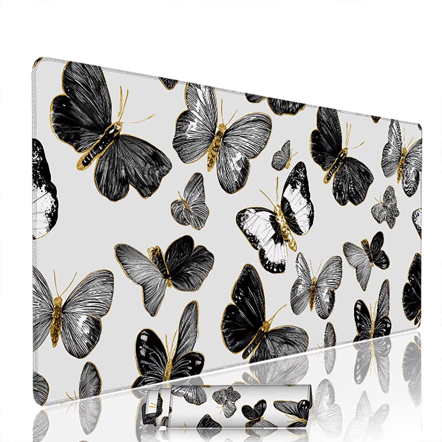Podkładka pod mysz, czarno-biała, XXL, na biurko, akcesoria gamingowe, motyl, duża podkładka pod mysz, 1400 x 600 x 3 mm, wodoodporna, antypoślizgowa, gumowa podstawa do biura, laptopa, PC w-216
