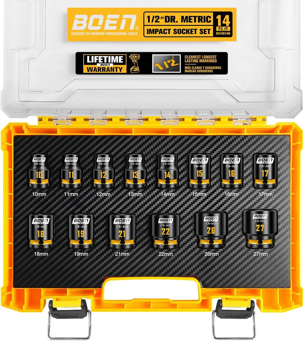 BOEN Pro 1/2" Drive Shallow Impact Socket Set, 14-Piece 6-Point Metric (10-19mm, 21, 22, 26, 27mm) Standard Socket Kit with Deep Embossed and Painted Marking, CR-MO, Includes Rugged PP Case